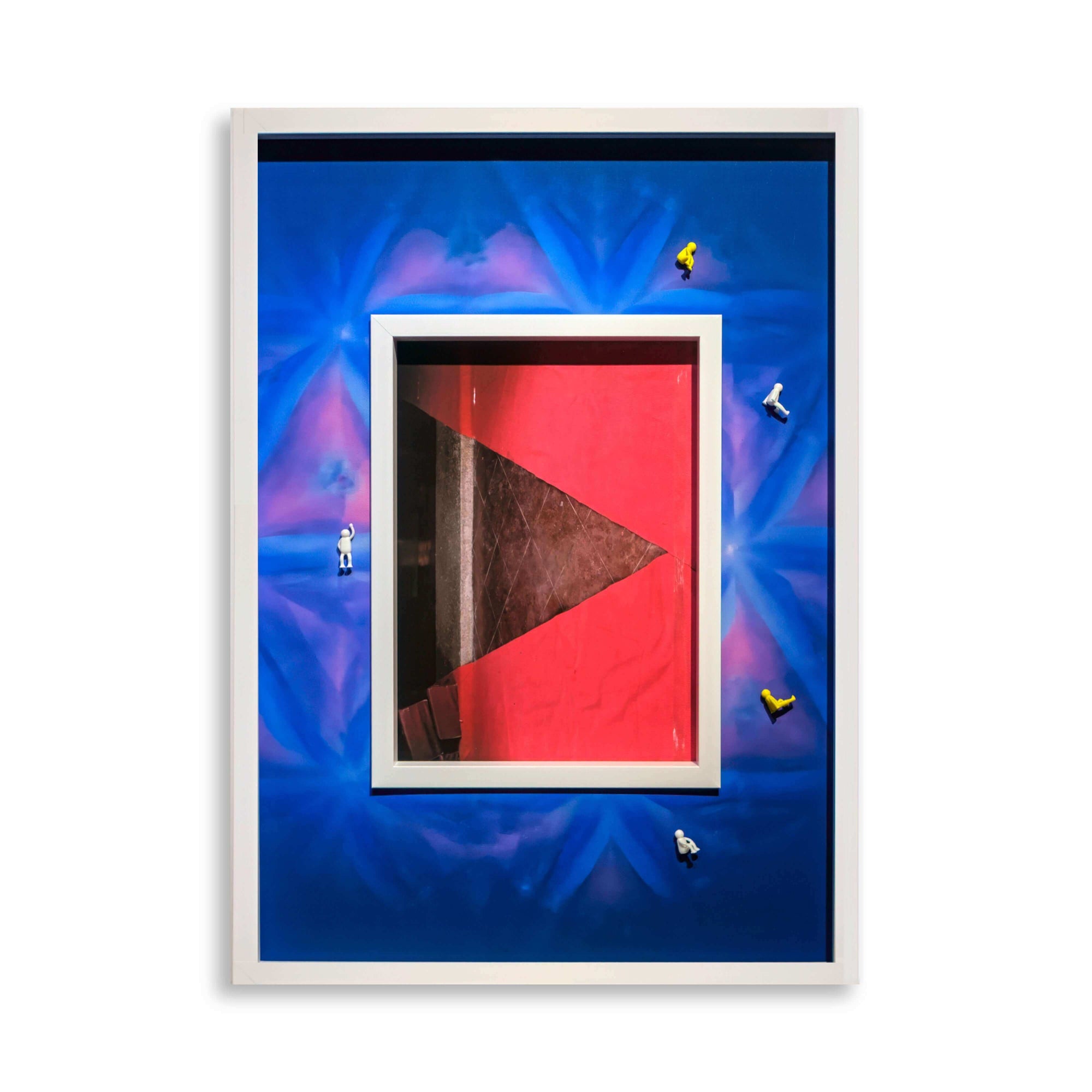 Artistic representation featuring a red triangle on blue background with small decorative figures, titled "Final Trace, 2025".