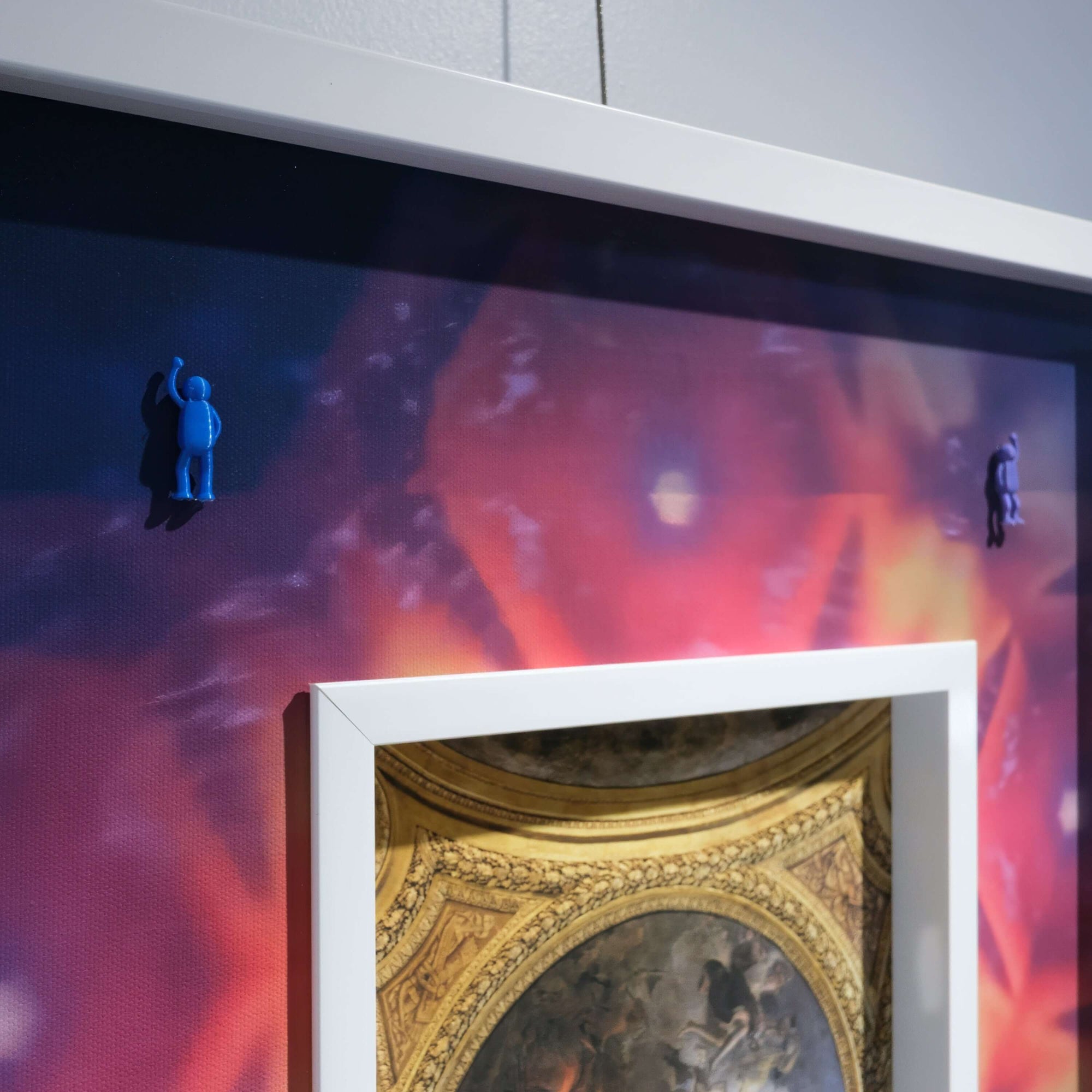 Faint Shape, 2025 artwork featuring blue figures against a vibrant background with an ornate framed piece.