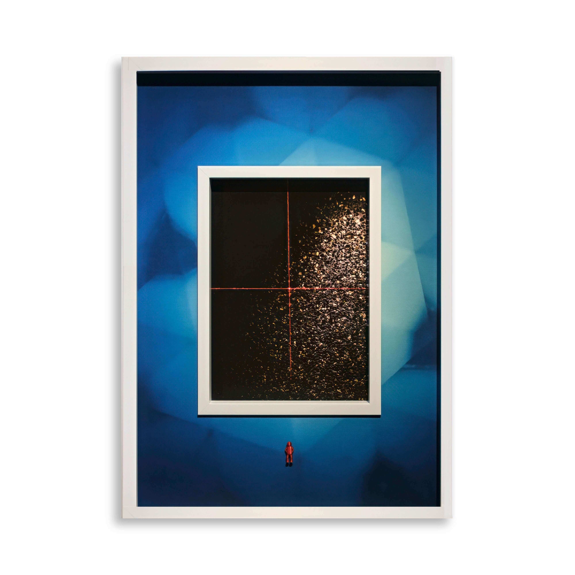 Art print featuring a figure standing before a framed artwork titled Red Cross, 2025, against an abstract blue background.