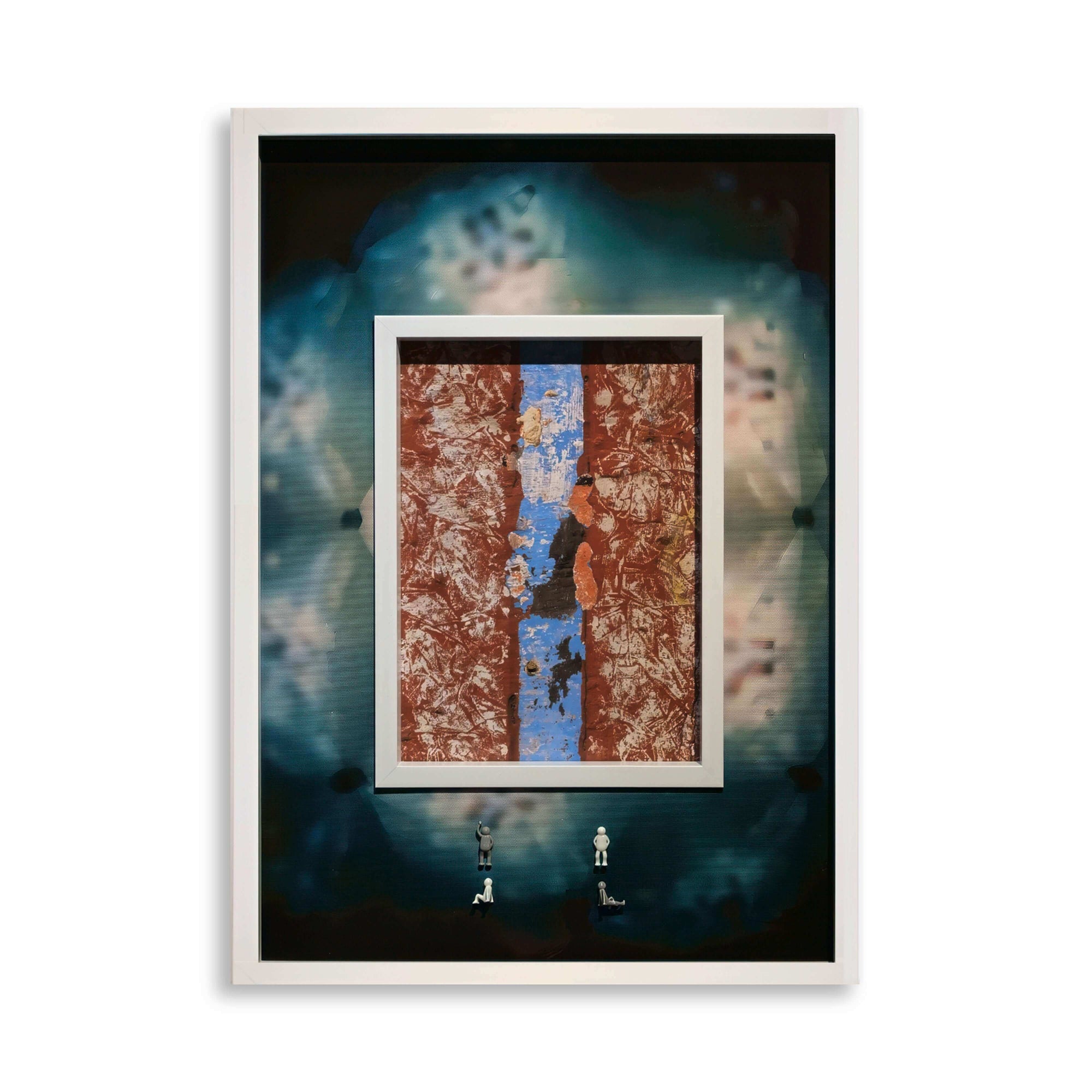 Art piece titled Cracked Surface, 2025, featuring abstract patterns and figures against a vibrant background.