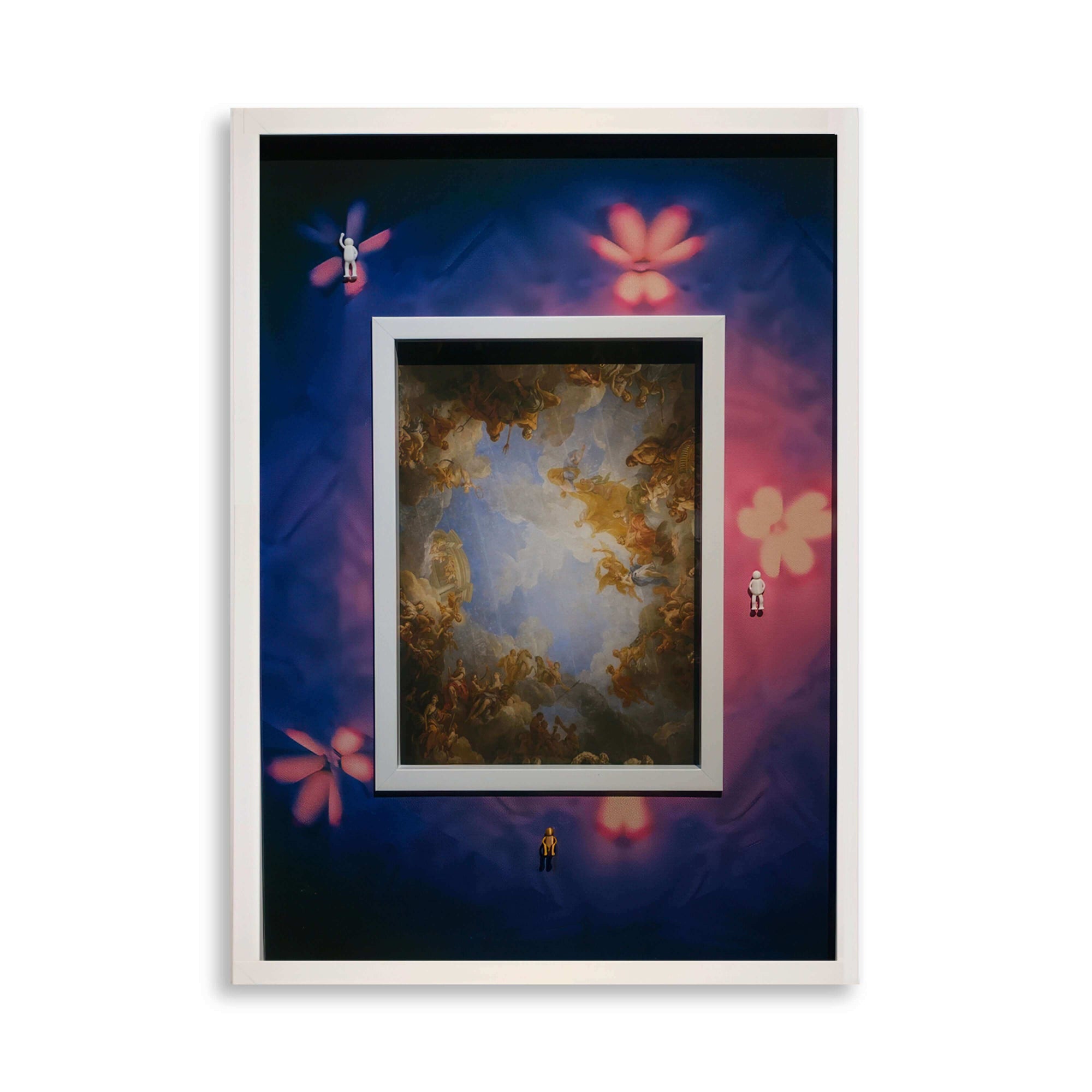 Art piece depicting miniature figures surrounding a vibrant scene titled Falling Sky, 2025, framed in a modern white border.