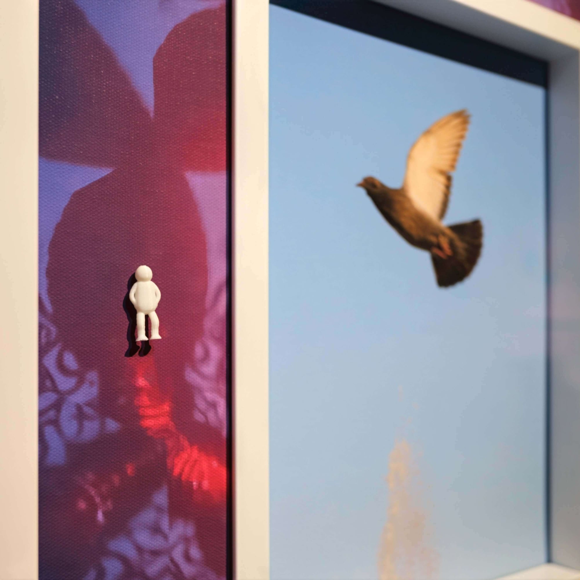 Fading Dream, 2025 artwork featuring a small figure and a bird in flight against a colorful background.