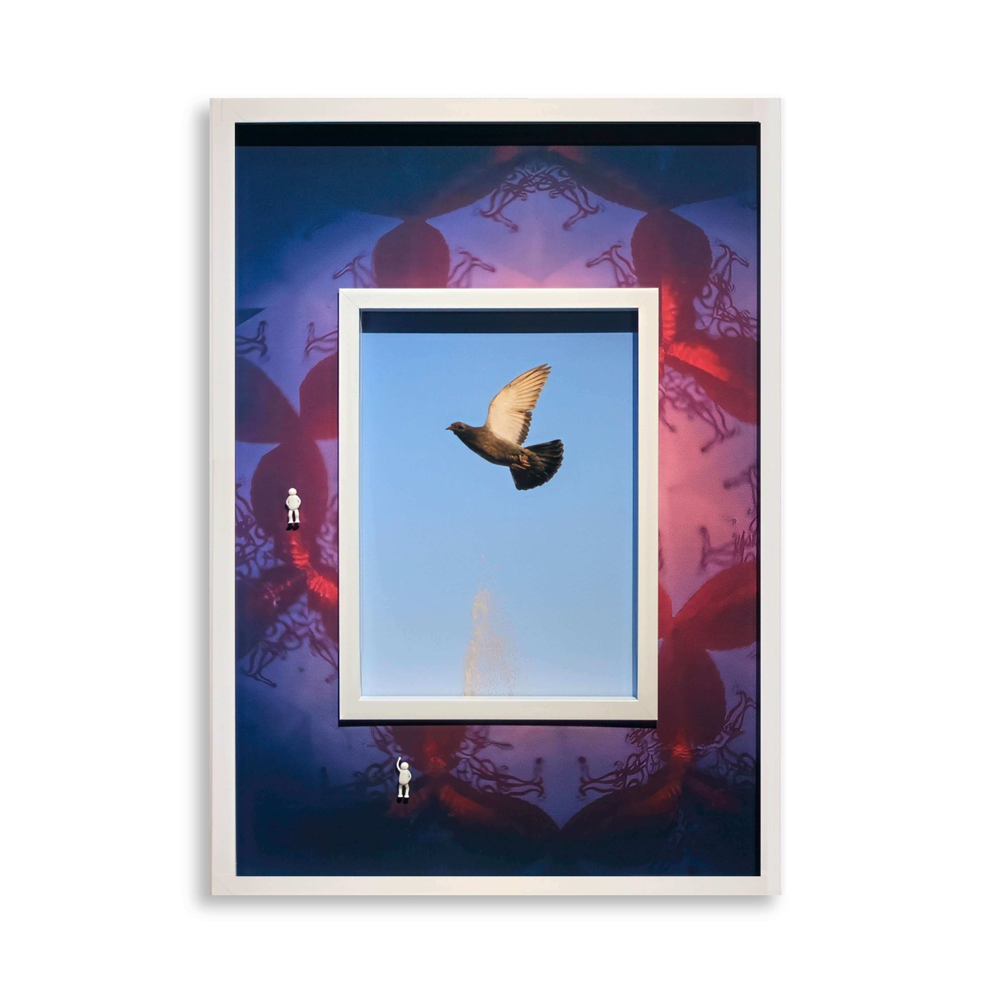 Art piece titled Fading Dream, 2025 featuring a bird in flight against a colorful abstract background.