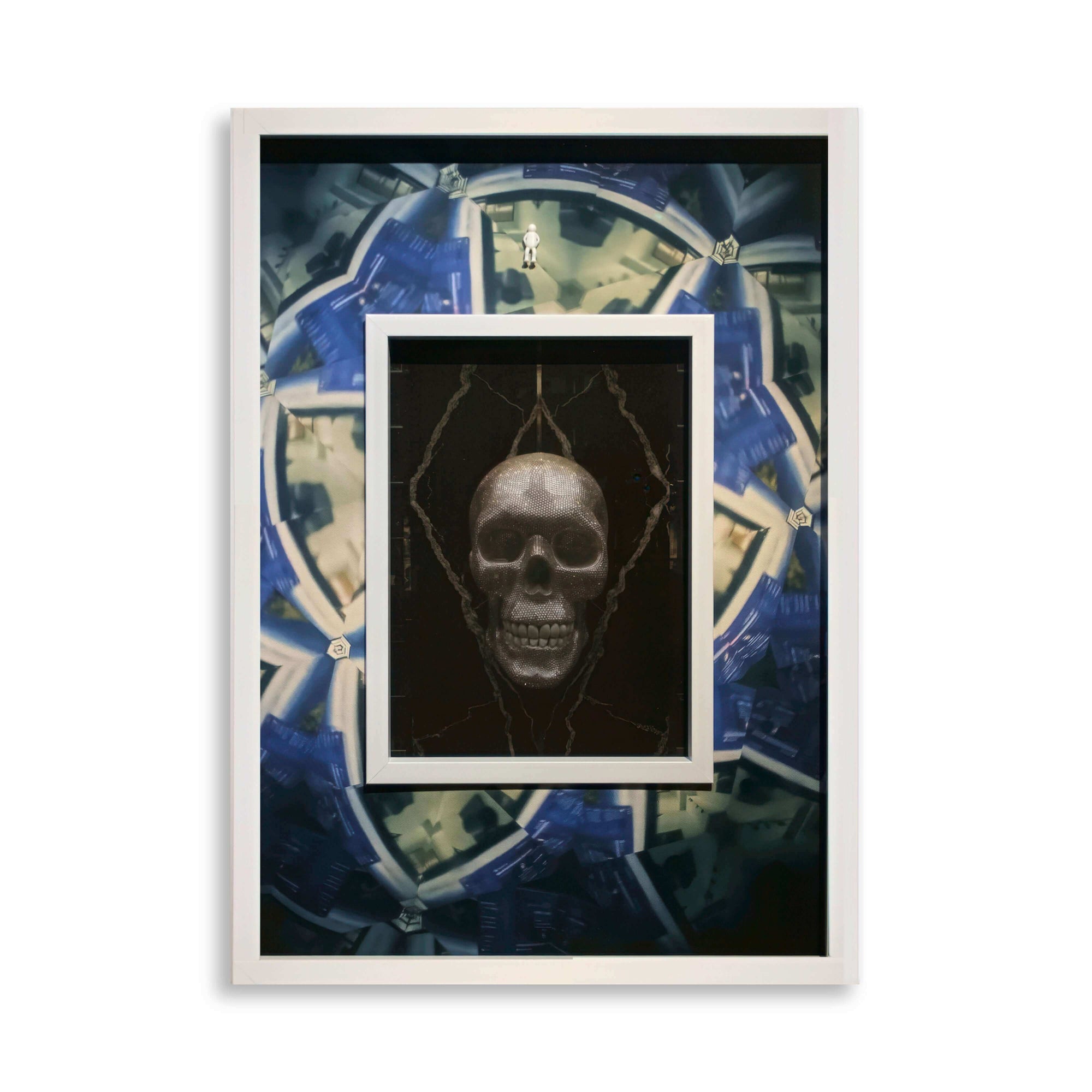 Silent End, 2025 art piece featuring a central skull design surrounded by a circular blue and gray pattern.