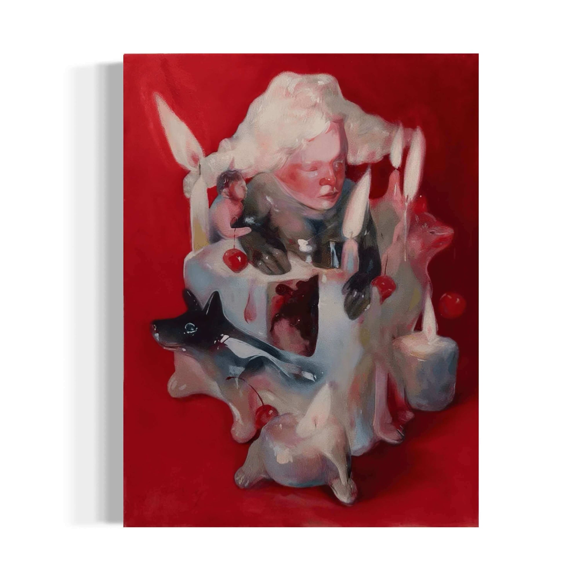 Extreme 1 by Yasy Bachurina, abstract surreal painting of a child, cake, and pets on a red background, 2024.