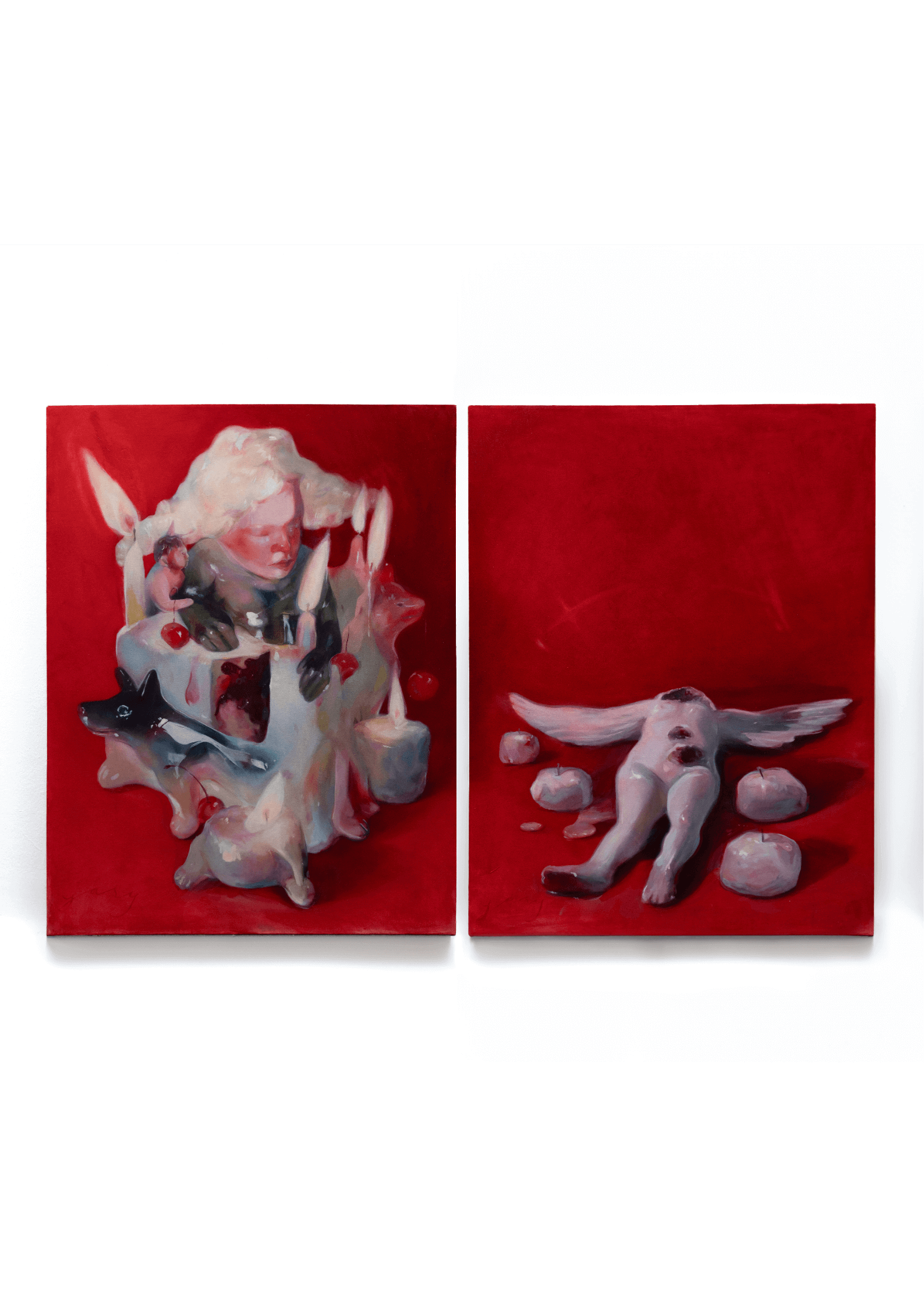 Diptych by Yasy Bachurina, abstract surrealism, acrylic and oil on canvas, two red panels with white and dark figures, 2024.