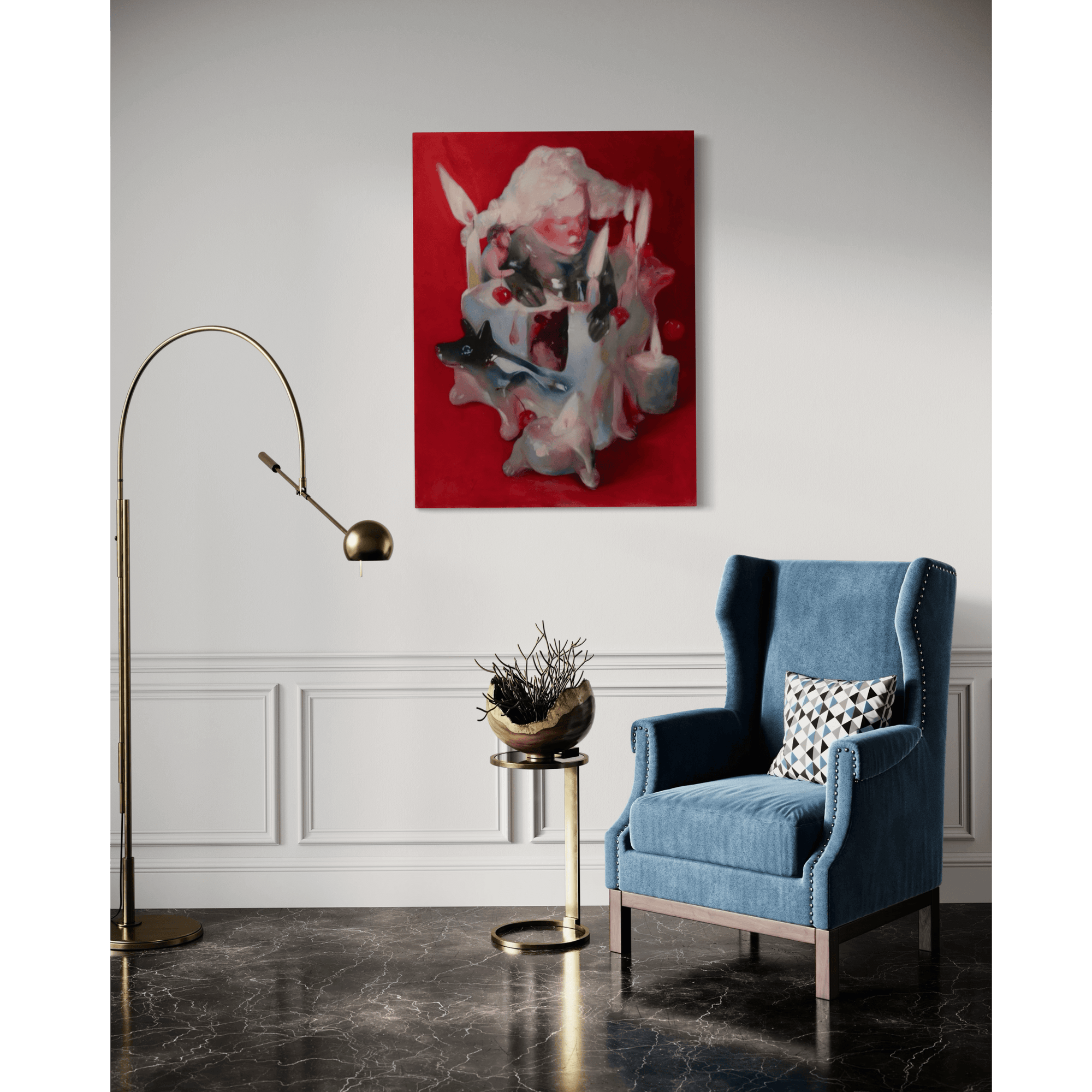 Abstract surrealist painting by Yasy Bachurina displayed in a stylish room with blue armchair and modern decor.