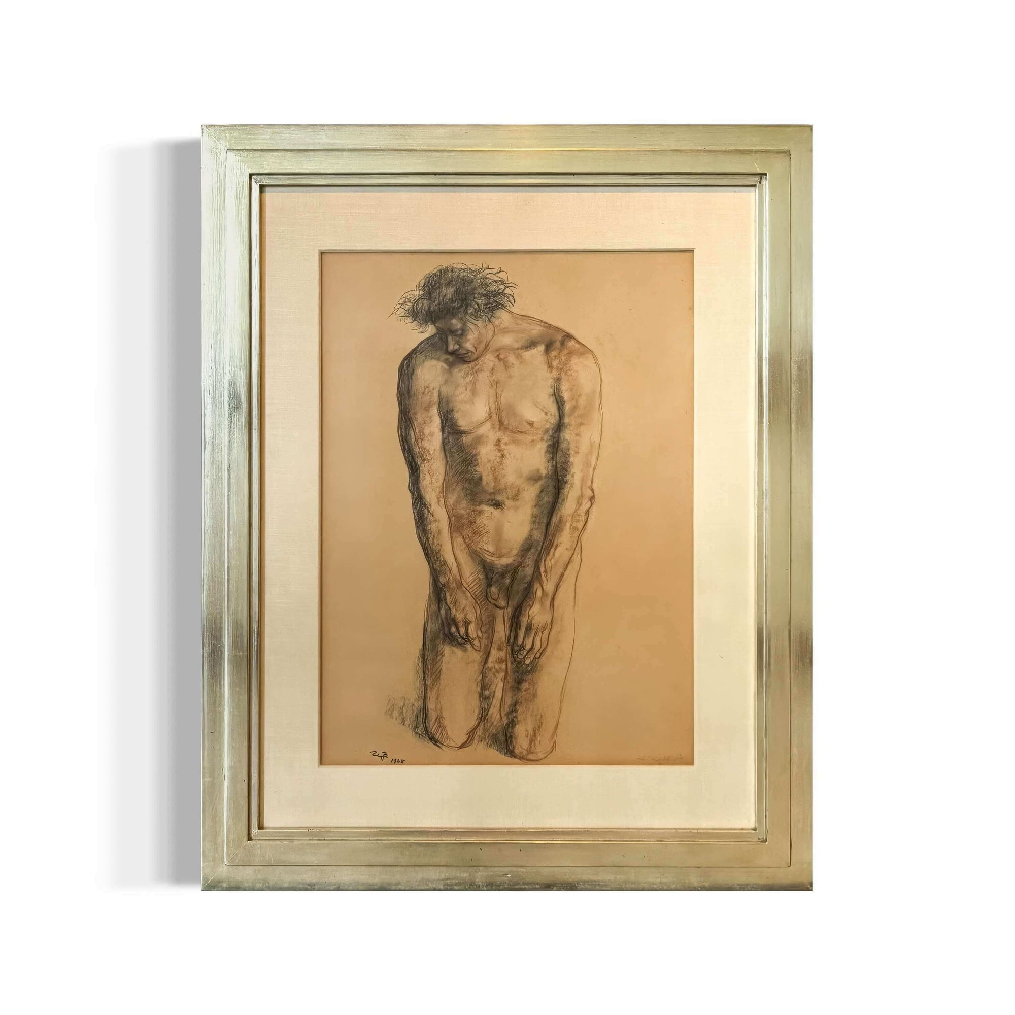 Figurative drawing "Desnudo" by Francisco Zúñiga, 1965, charcoal and sepia on paper, framed in white gold frame, 64 cm high.