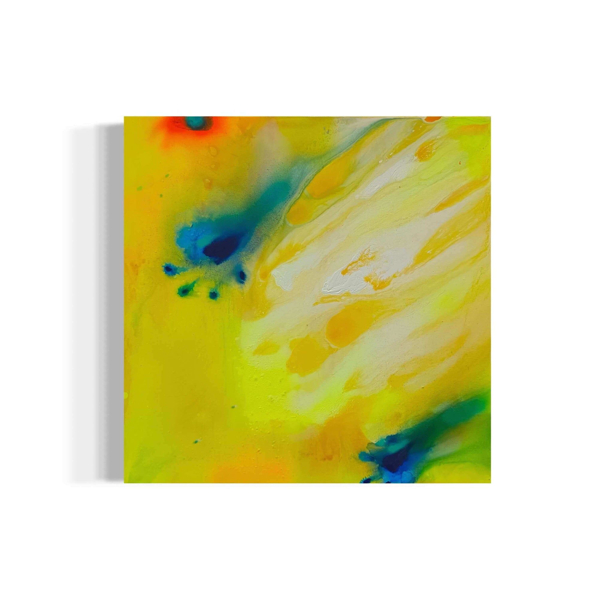 Abstract art piece with bright yellow, blue, and red fluid forms by Thai artist Supmanee Chaisansuk, 2024.