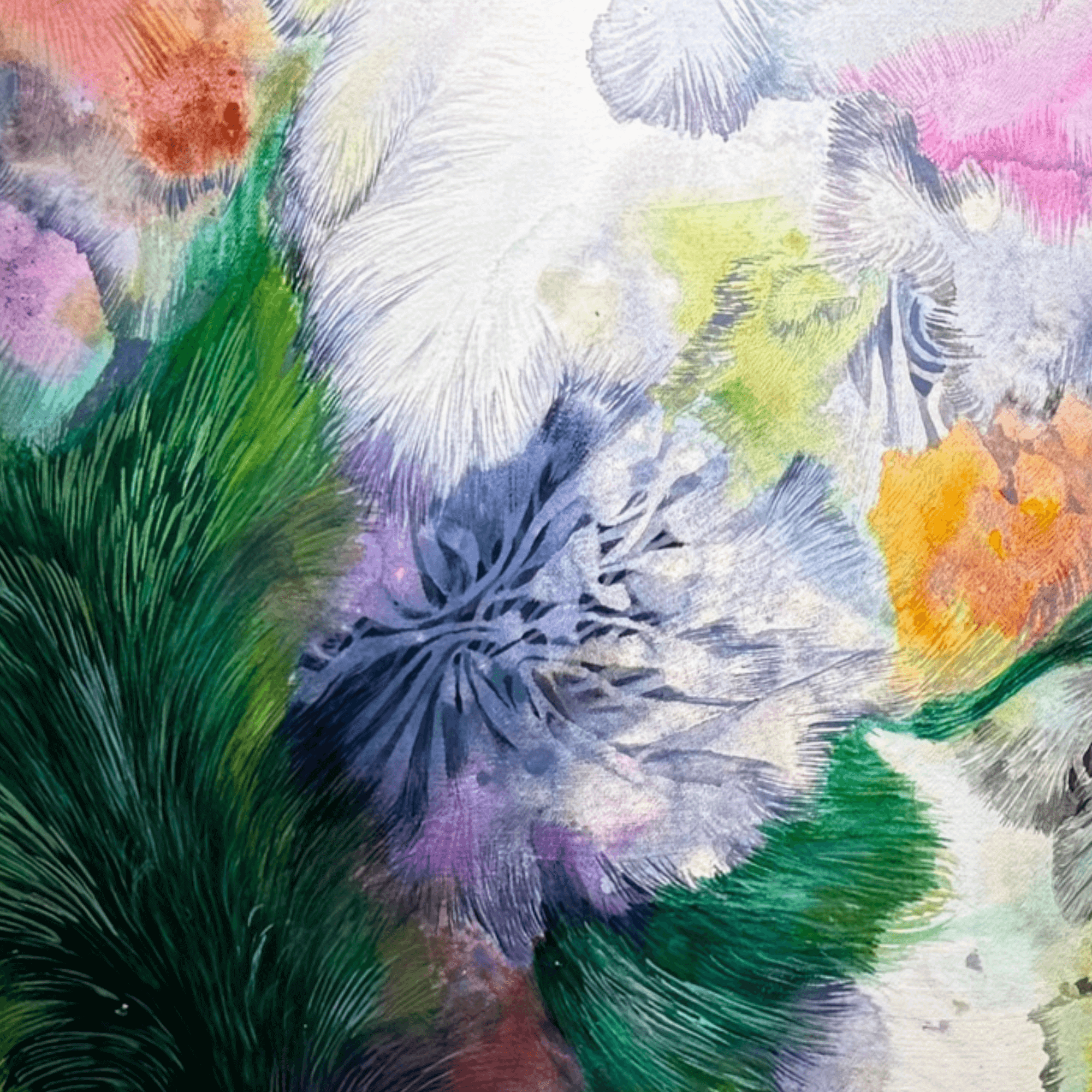 Abstract painting "Fur Movement 04" by Supmanee Chaisansuk showing soft, textured fur-like patterns in vibrant colours on acrylic canvas