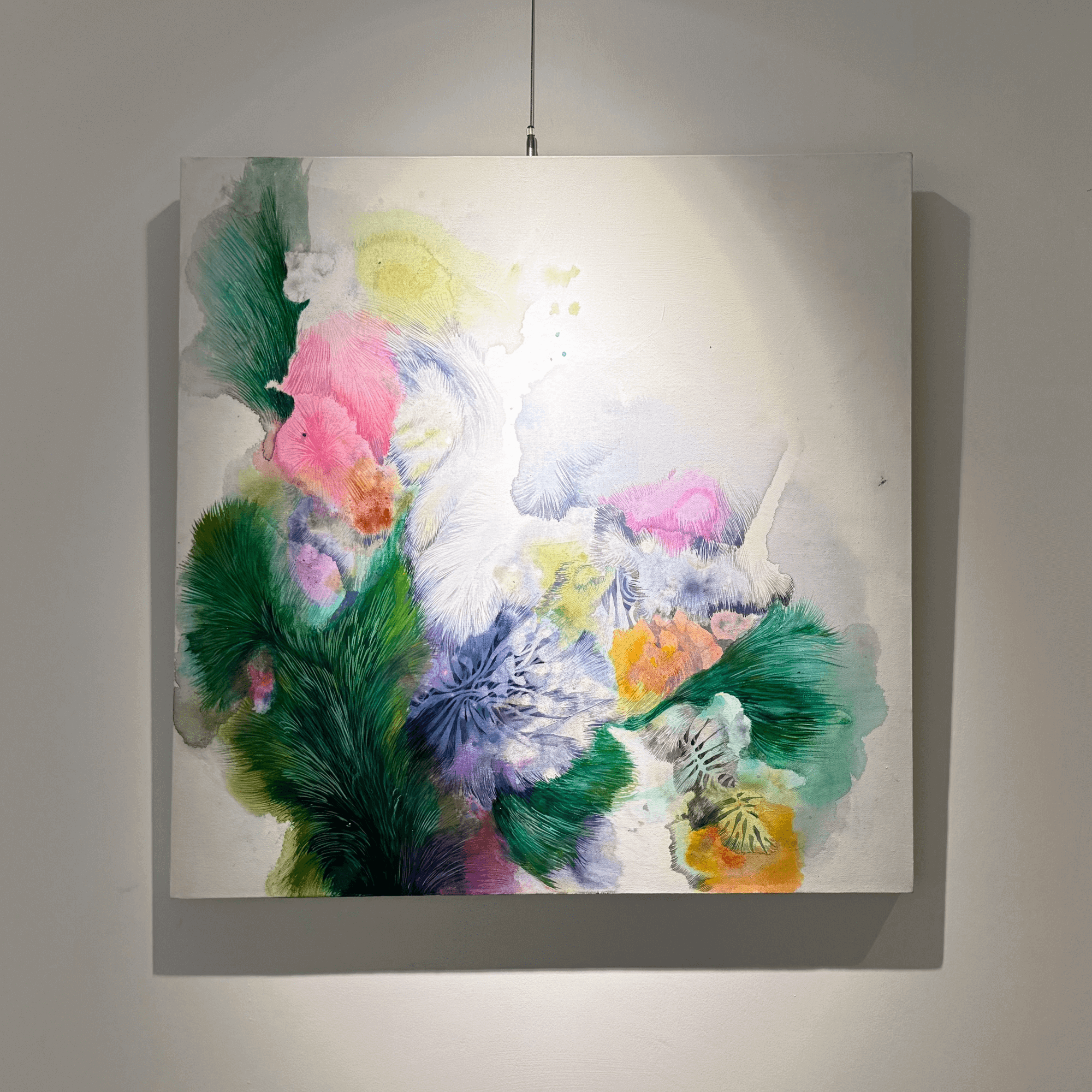 Abstract painting Fur Movement 04 by Supmanee Chaisansuk, mixing bright acrylics on textured canvas, inspired by nature's delicate elements.