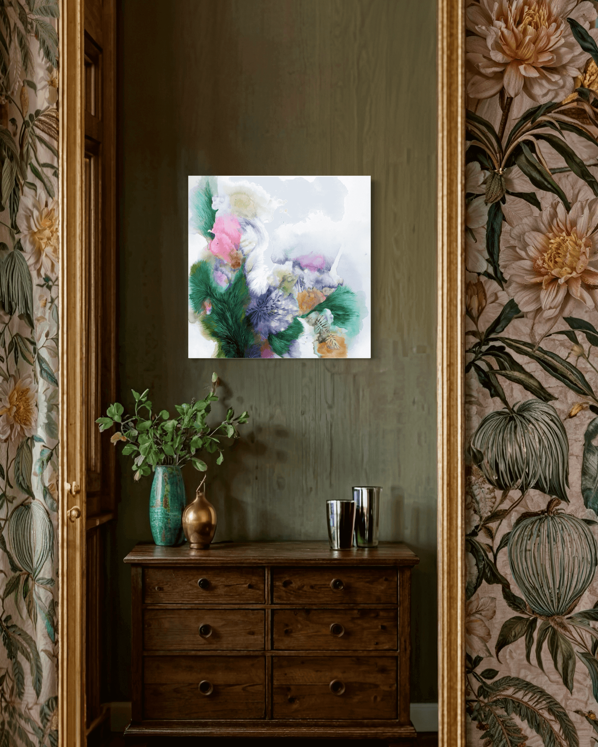 Abstract landscape painting Fur Movement 04 by Supmanee Chaisansuk in a vintage styled room with floral wallpaper and wooden chest of drawers.