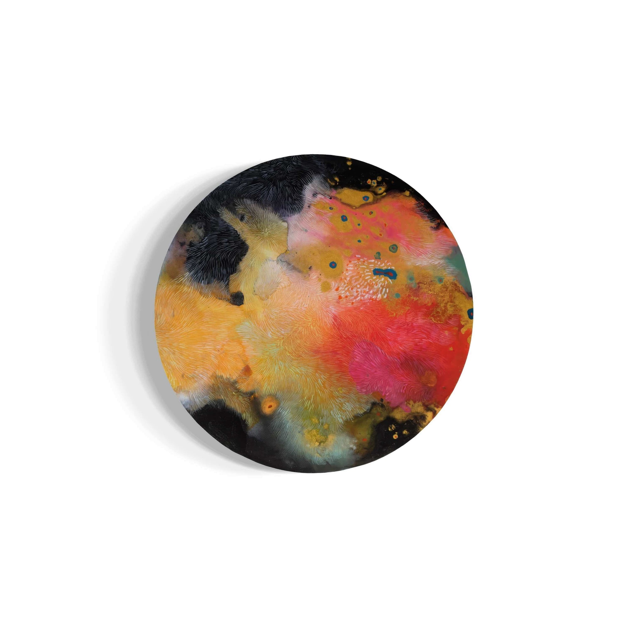 Fur Scape 02 by Supmanee Chaisansuk, abstract expressionism artwork, round acrylic painting, colorful and textured surface.