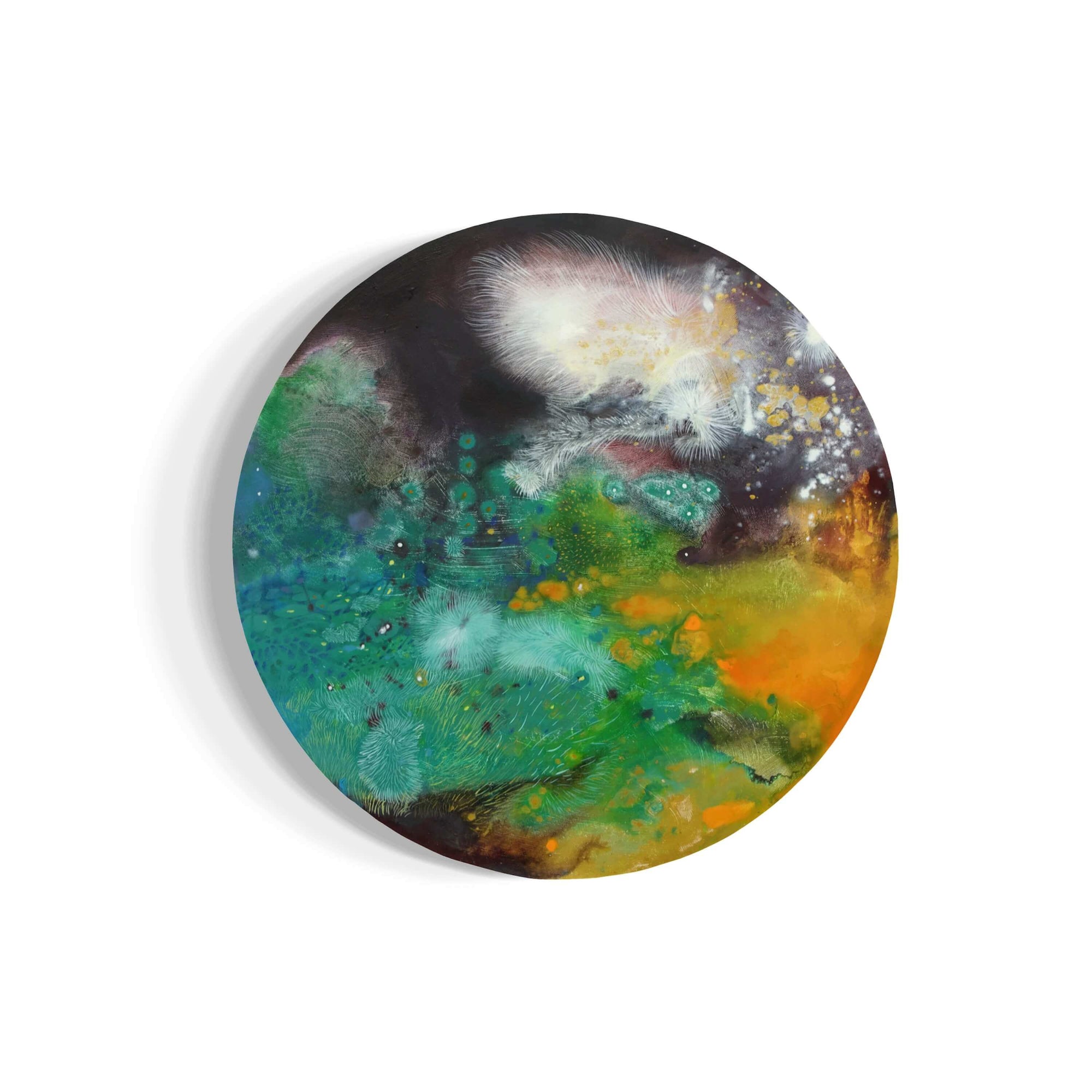 Fur Scape 04 by Supmanee Chaisansuk, abstract landscape painting in round shape with vibrant colors.
