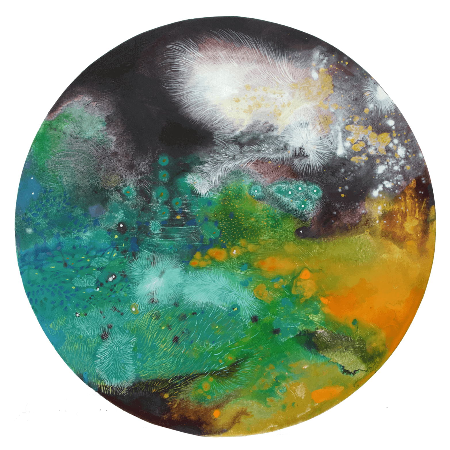 Abstract circular painting with vibrant green, yellow, and blue colors blending into each other, creating a cosmic effect.