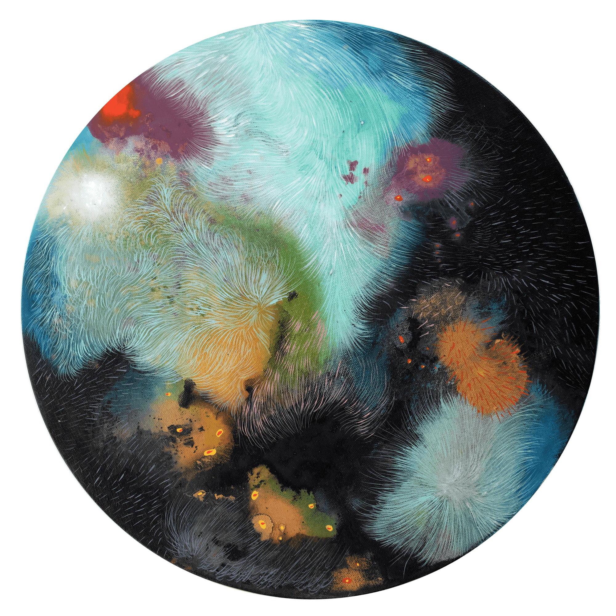 Abstract circular artwork with vibrant colors and fluid brushstrokes in blue, black, orange, and purple hues.