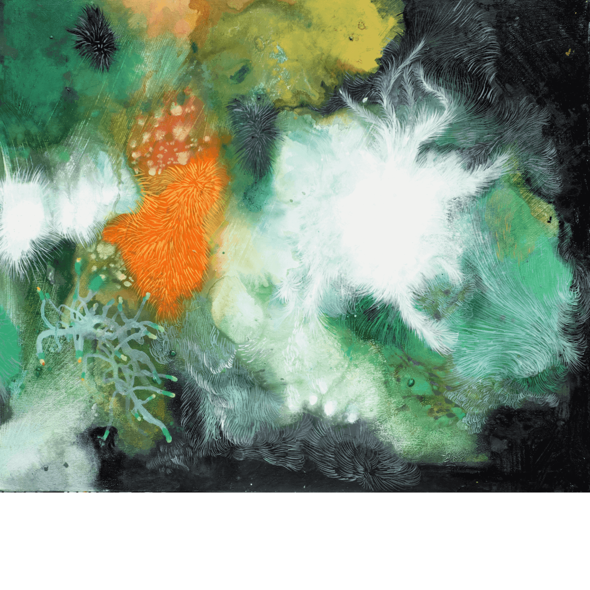 Fur Movement 05, 2020 abstract artwork featuring vibrant green, orange, and white textures.