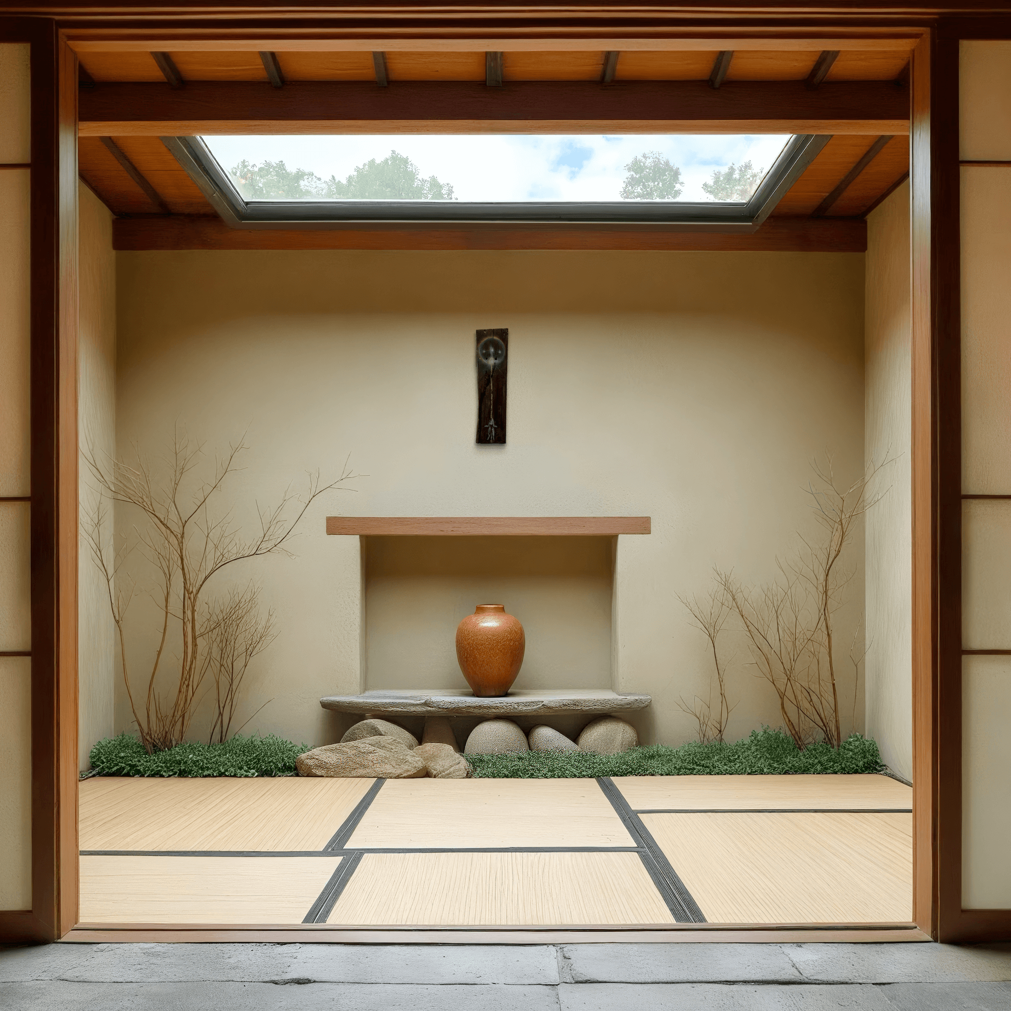 tranquil Japanese interior featuring a stone platform, vase, and minimalist decor with natural light.