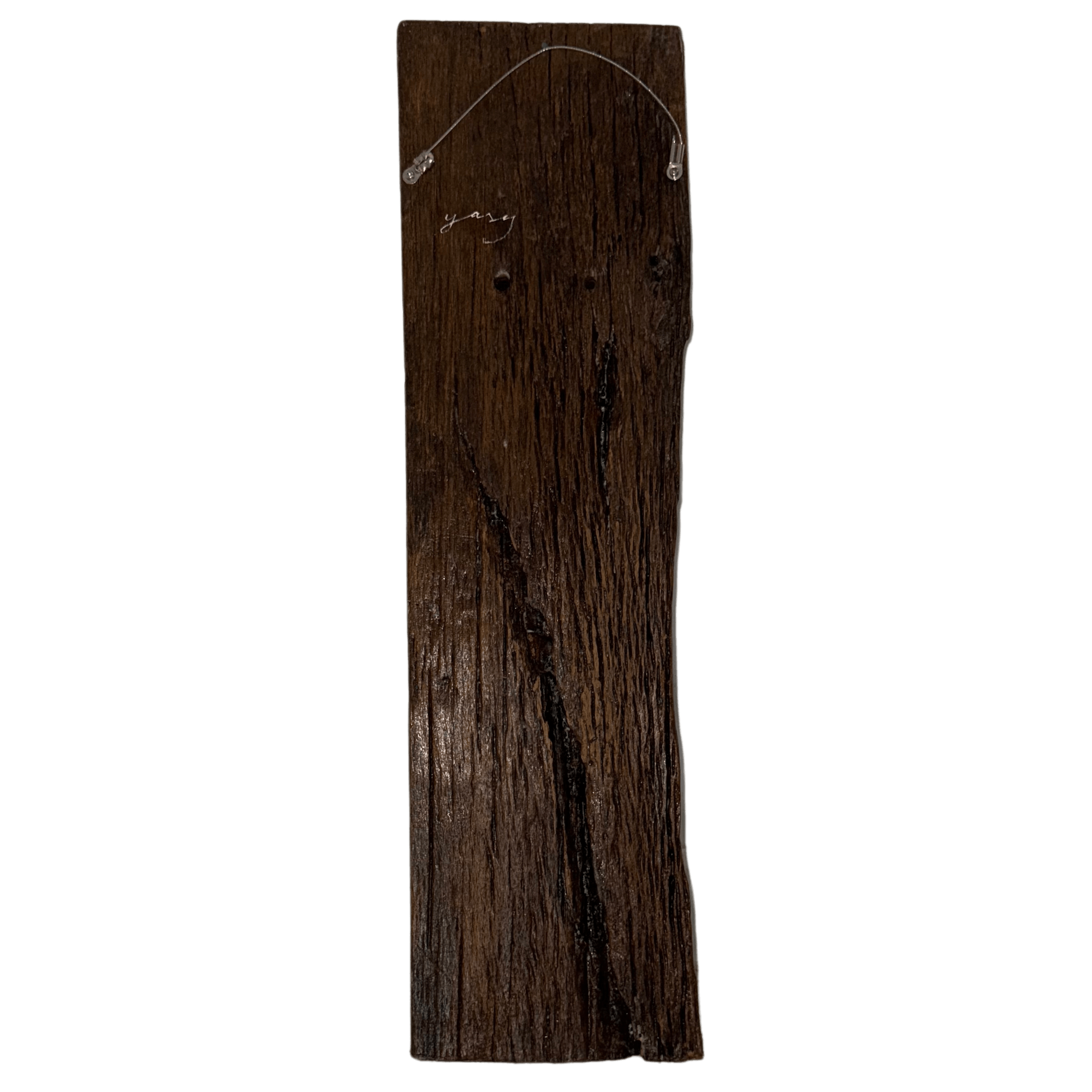 Wooden panel with textured surface, crafted for abstract and surreal art display, showcasing natural grain and dark finish.