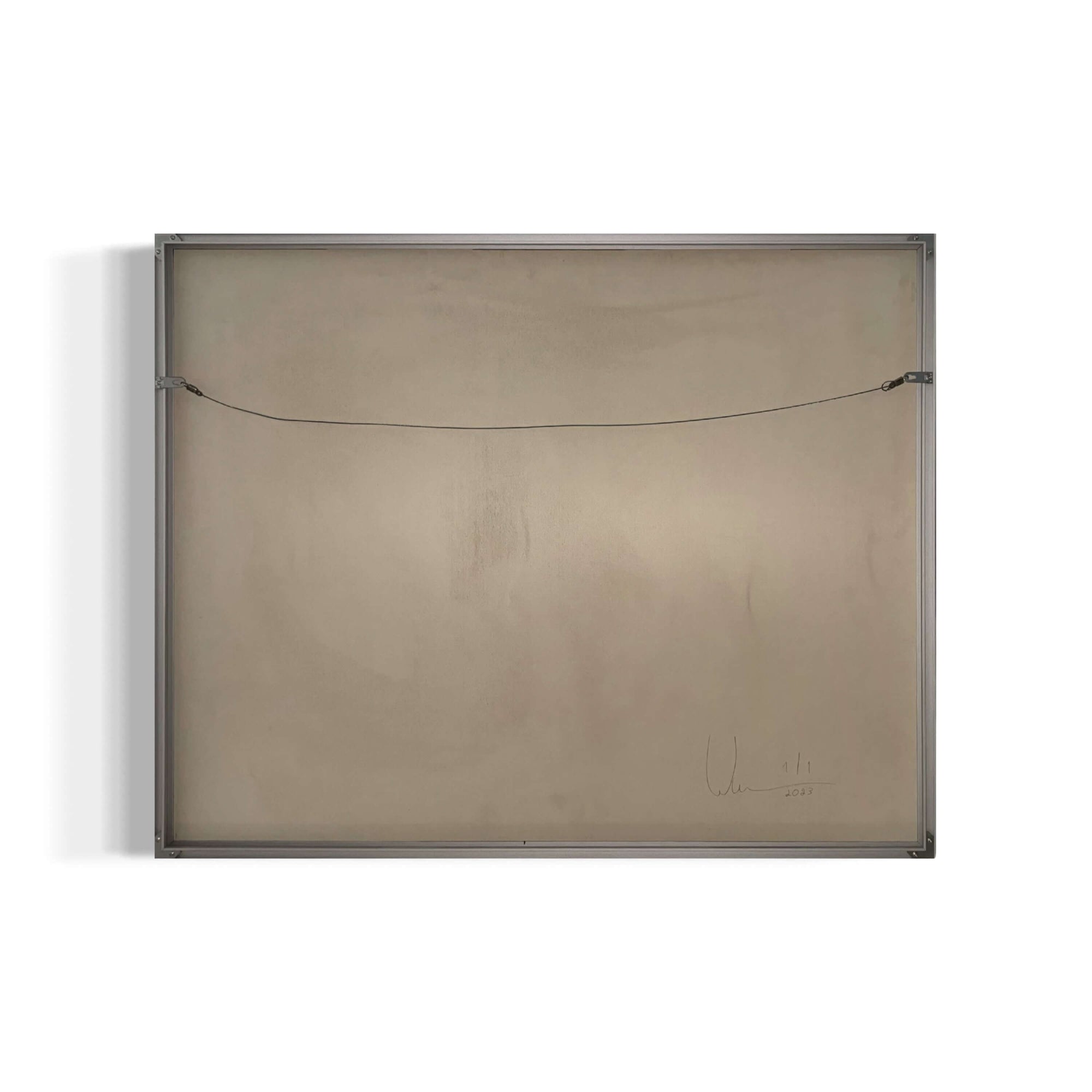 Back view of 'Emotional Spectrum' artwork framed in silver aluminium, showcasing the wire hanger and signed by the artist.