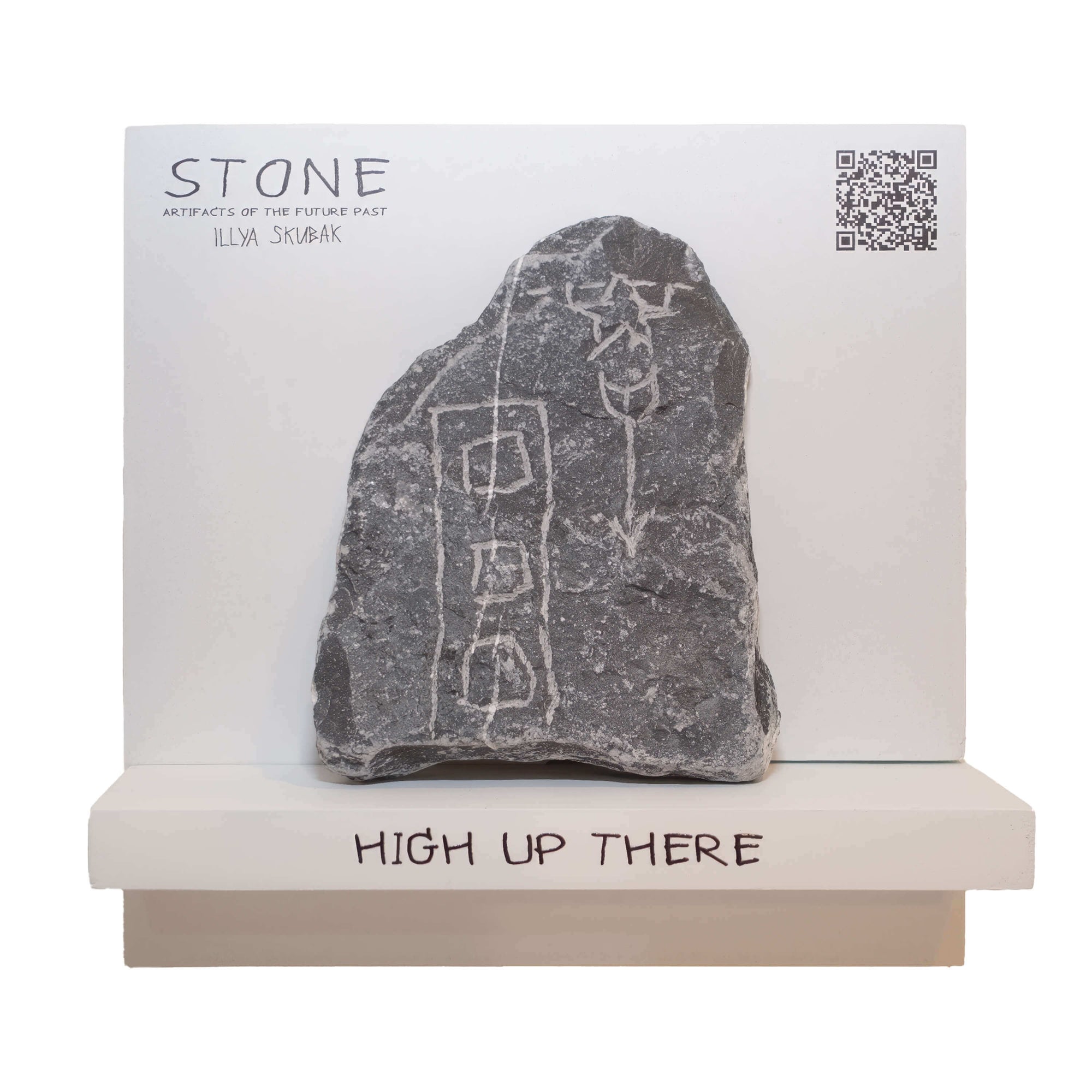 Artistic stone artifact titled 'High Up There' featuring ancient carvings, displayed on a minimalist shelf.