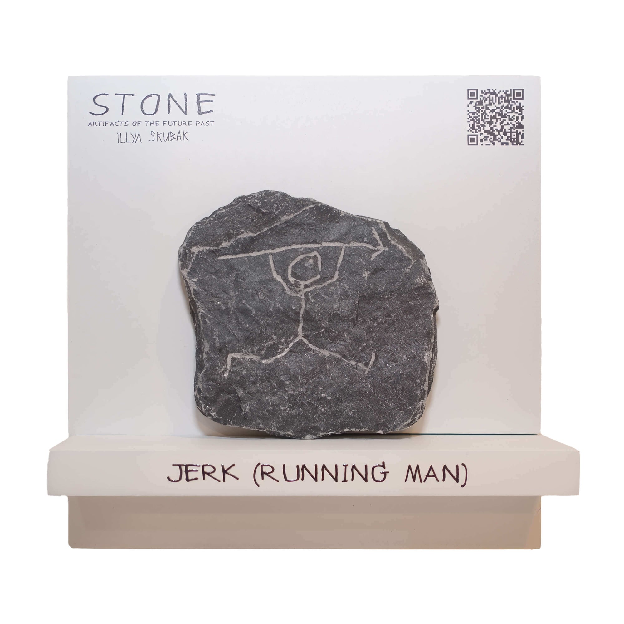 Stone sculpture titled 'Jerk (Running Man)' depicting a running figure, showcased on a display shelf.