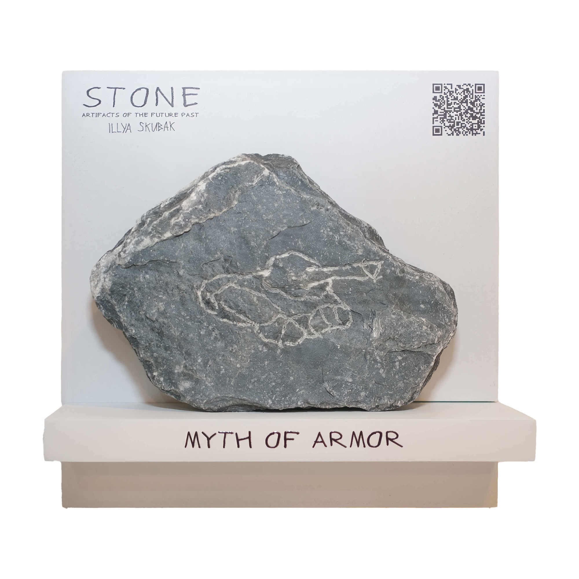 Artifact titled 'Myth of Armor' by Ilya Sklabsky, featuring a sculpted tank on a stone base.