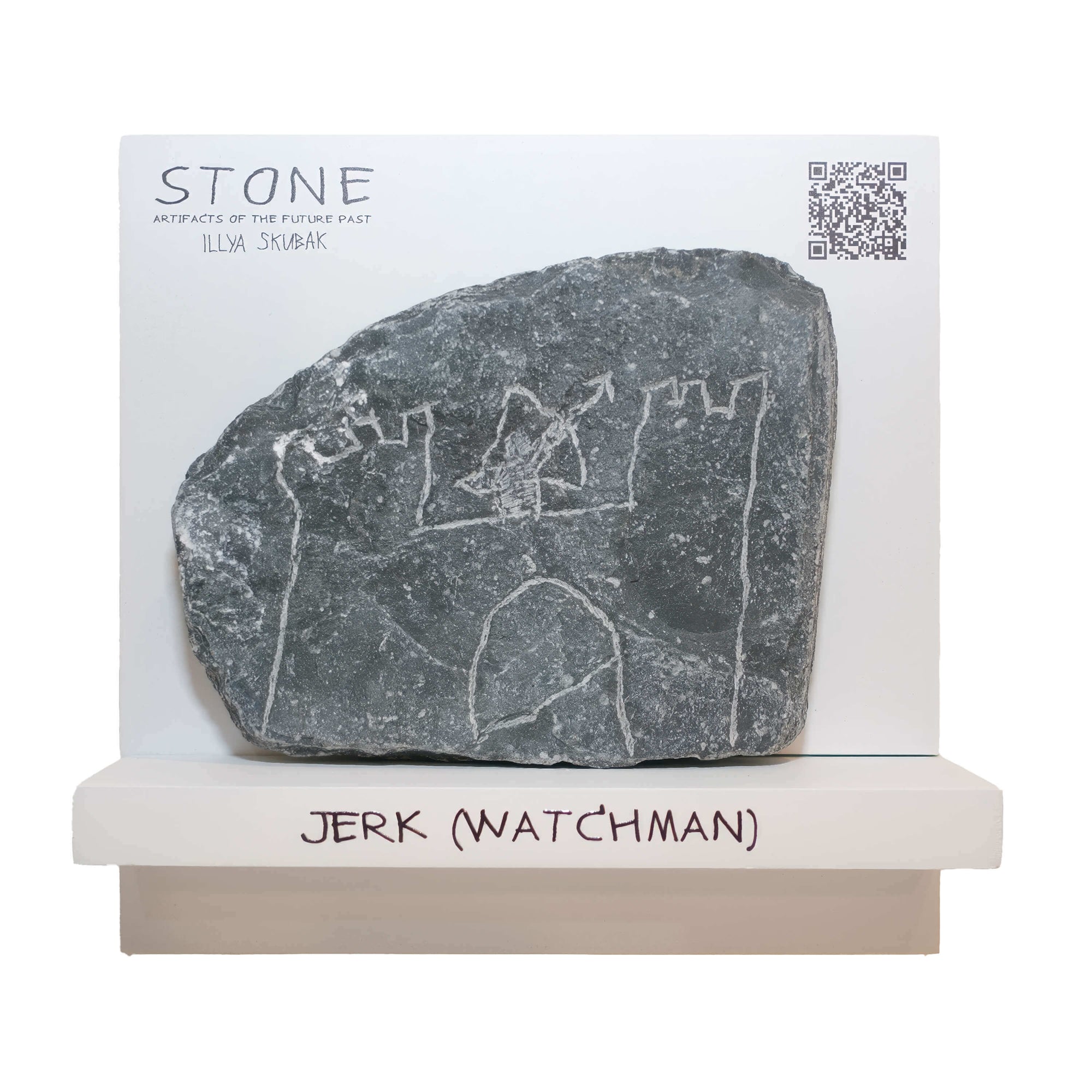 Gray stone artifact titled 'Jerk (Watchman)' featuring a castle engraved design, part of 'Artifacts of the Future Past' by Ilya Slybak.