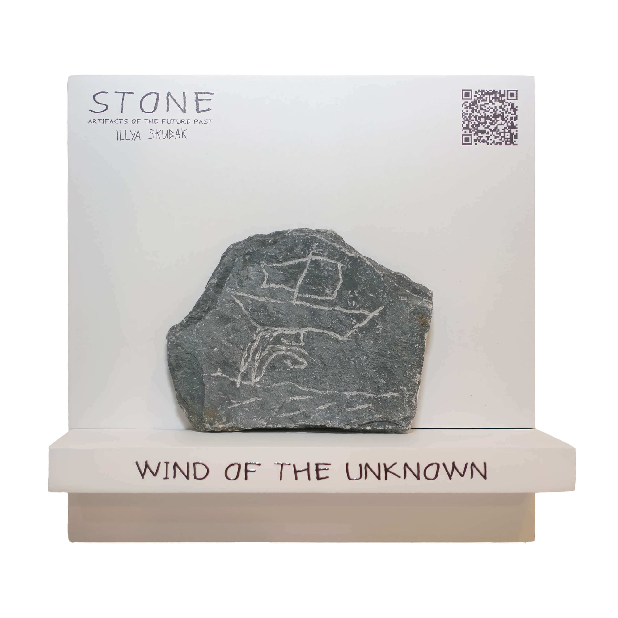 Artwork titled 'Wind of the Unknown', featuring a stone with ancient carvings displayed on a white background.