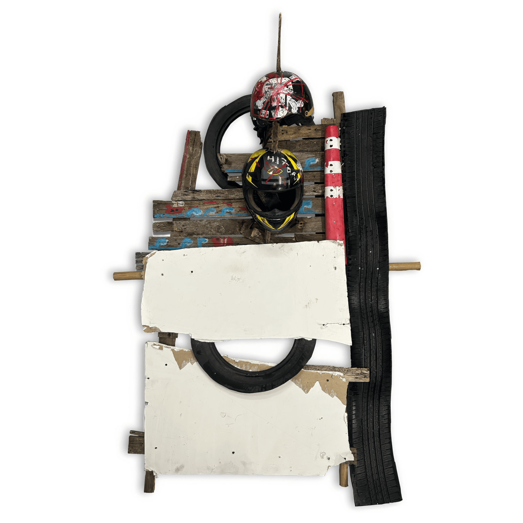 Abstract art featuring racing helmets, wooden planks, and tires, showcasing a creative automotive theme.