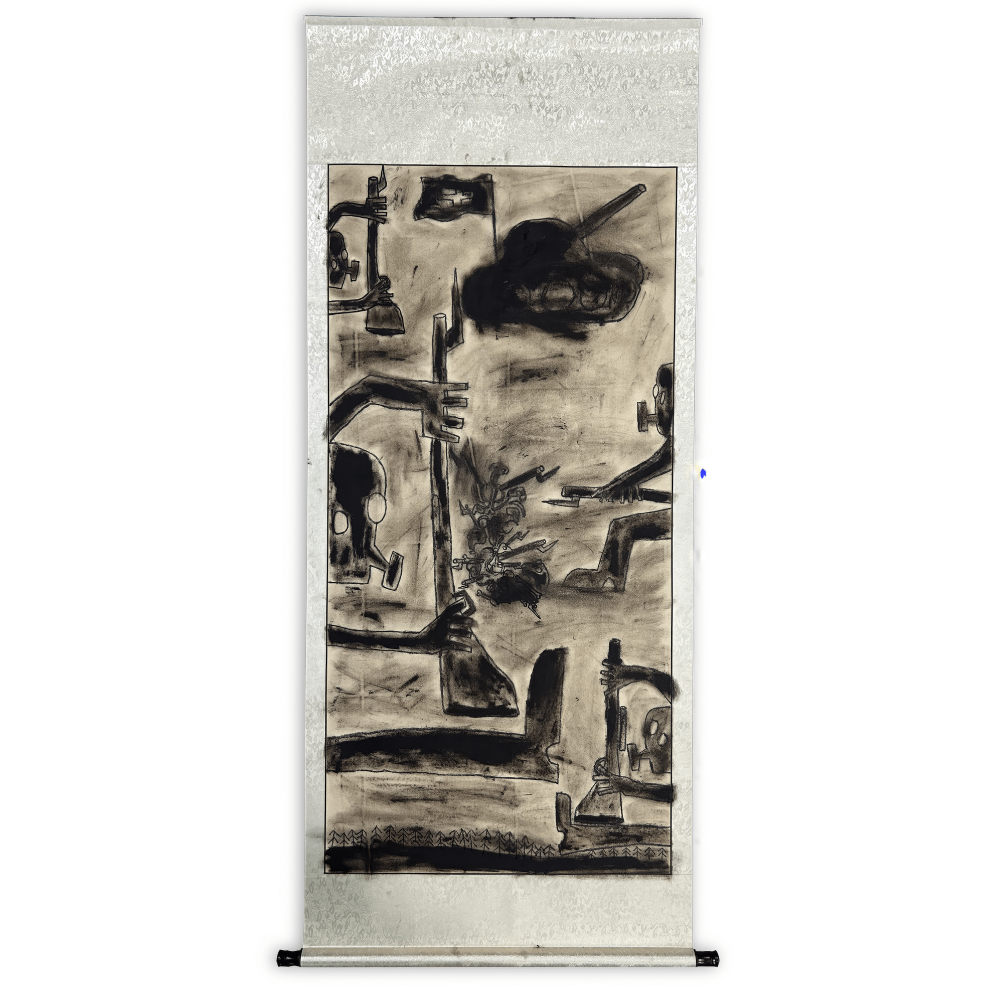 Abstract black and white artwork on a vertical canvas featuring dynamic shapes and expressive figures.
