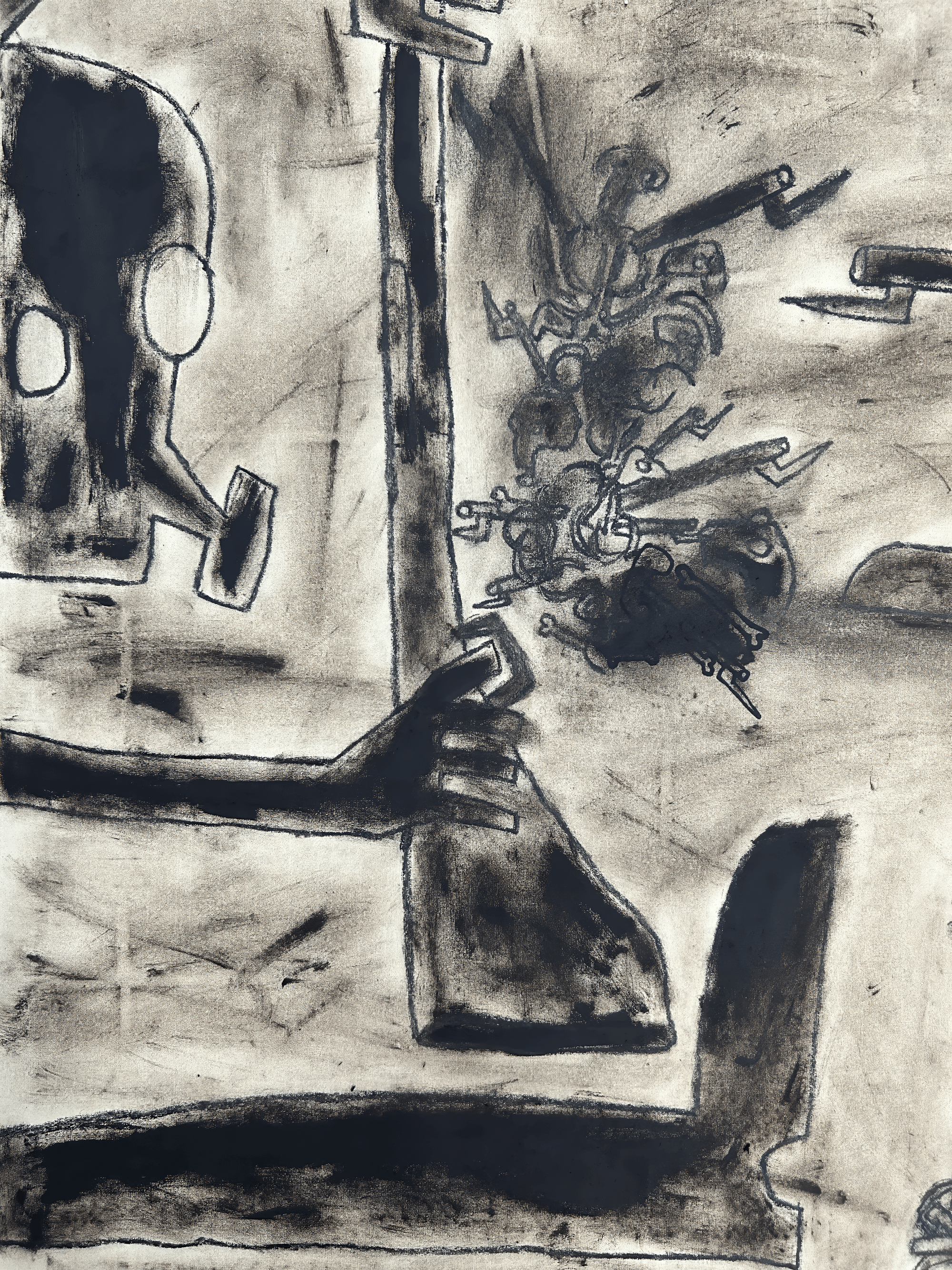 An abstract black and white illustration featuring a skull with a gas mask, holding a rifle with chaotic elements in the background.