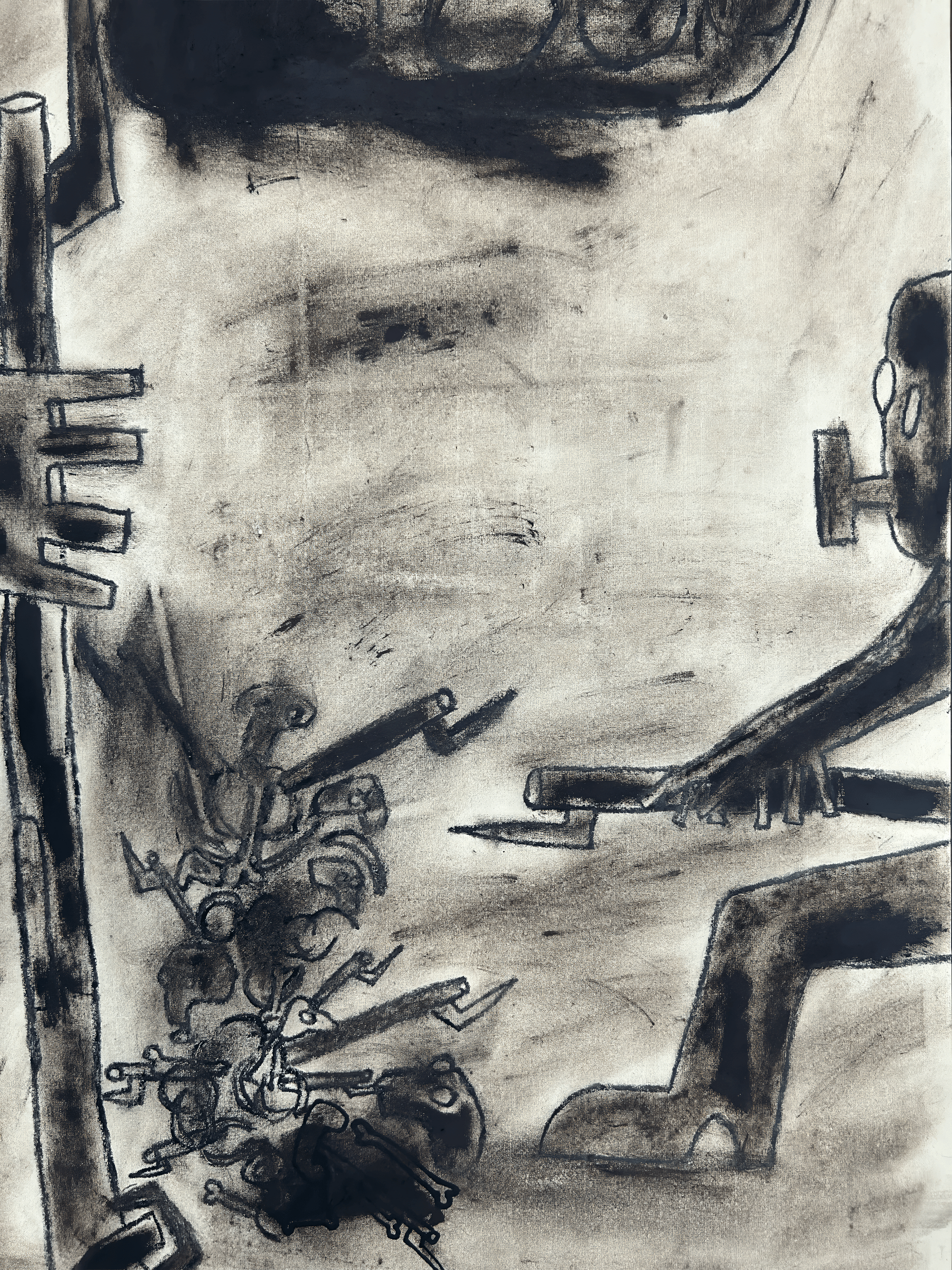 Black and white abstract drawing depicting a figure with a weapon surrounded by chaotic shapes, symbolizing conflict.