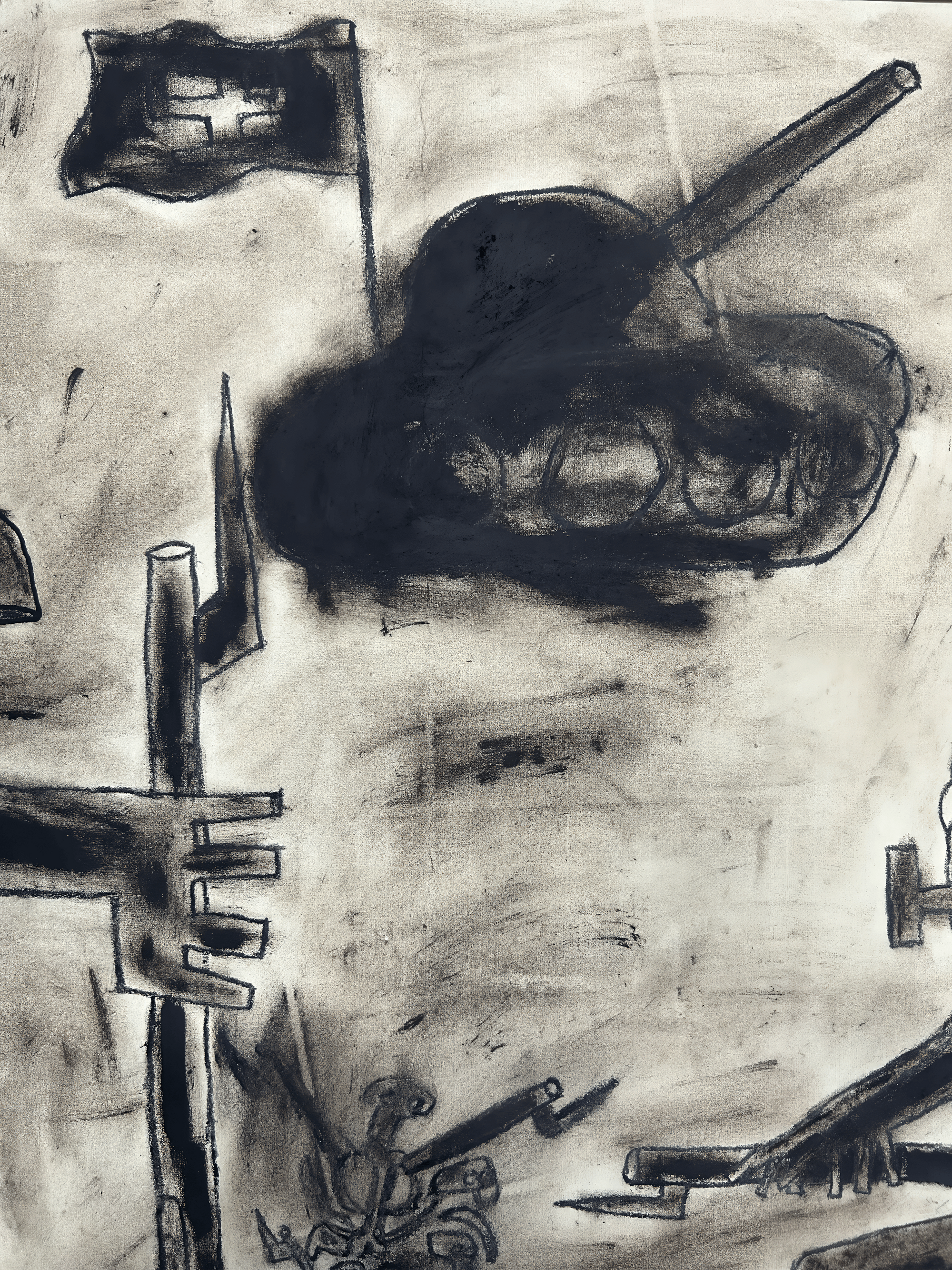 Abstract black and white illustration depicting a tank, military flag, and armed figures.