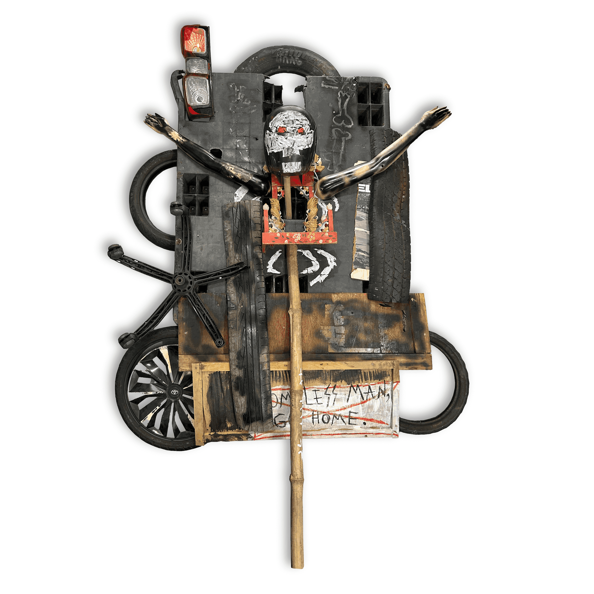 Mixed media artwork by Illya Skubak featuring a skeleton figure surrounded by found objects and vibrant colors.