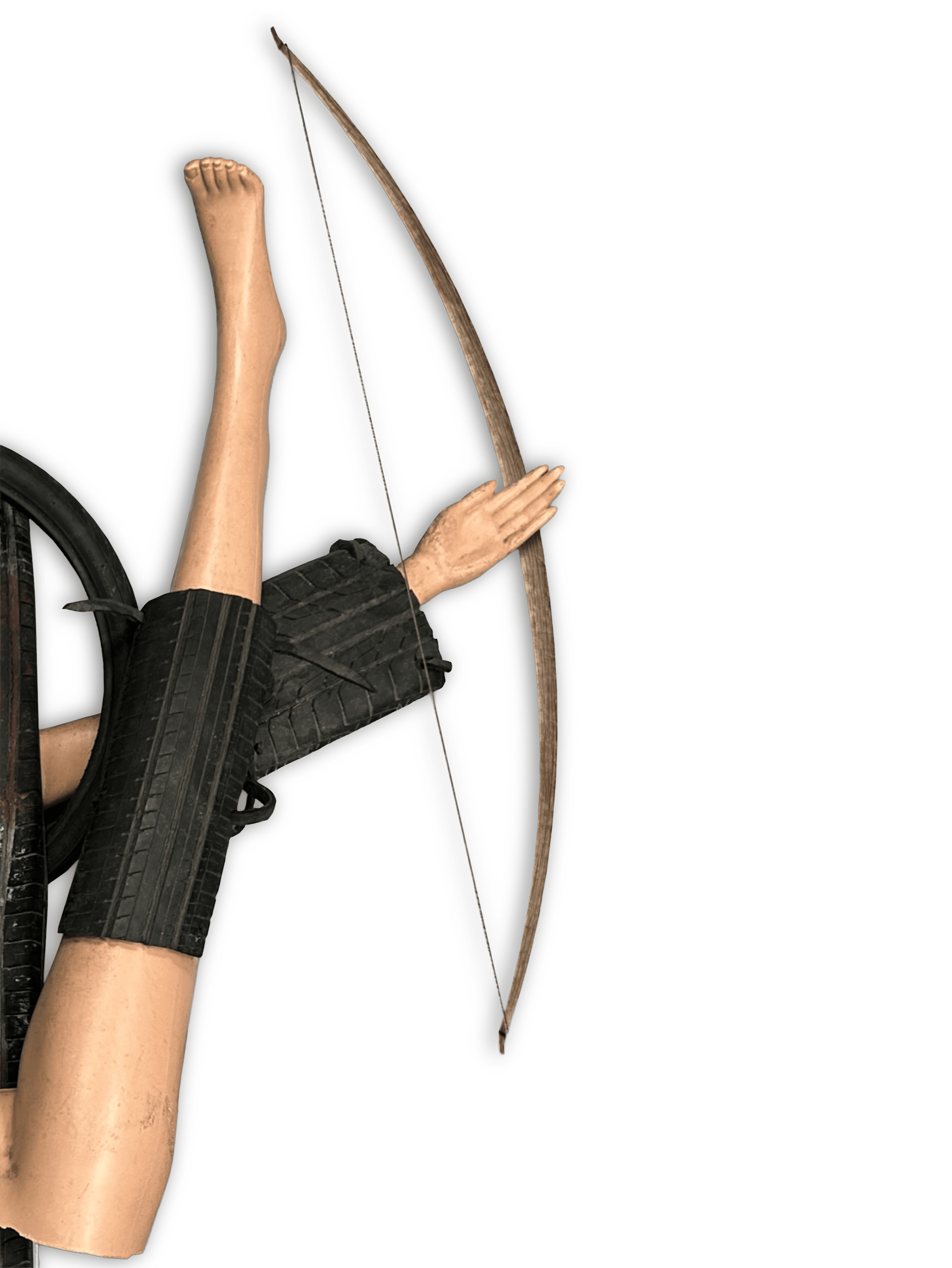 Image of a hand holding a bow with an extended leg, showcasing detailed armor and positioning for archery.