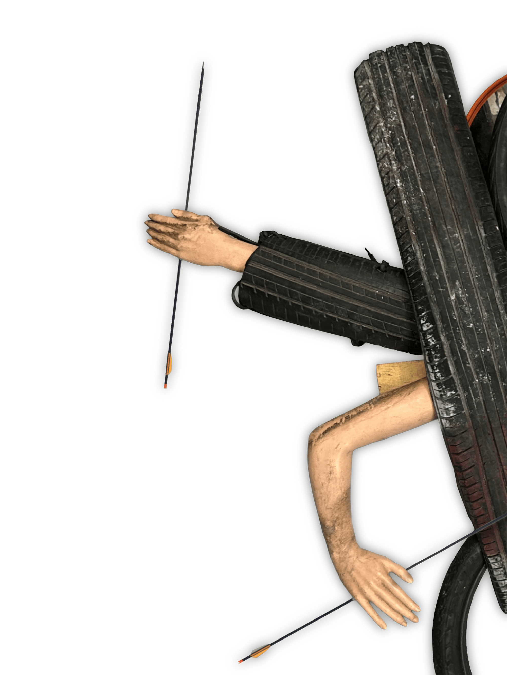 Abstract image featuring human hands holding arrows, intertwined with tires, showcasing a unique artistic design.
