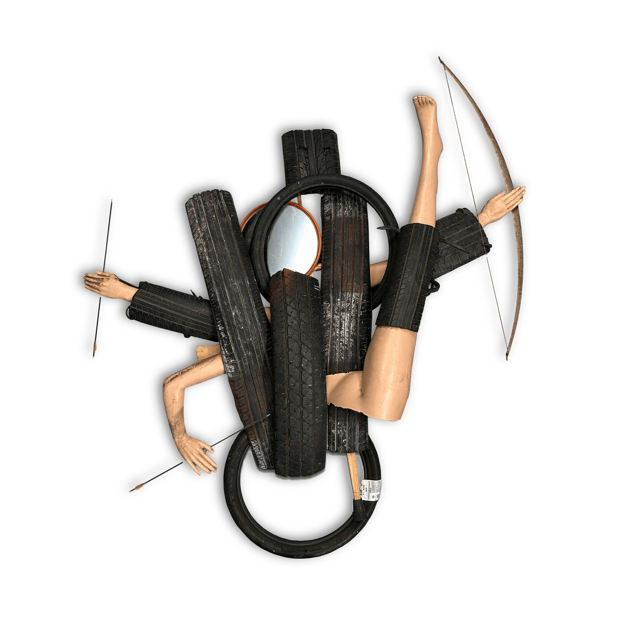 Abstract art piece featuring discarded tires and human limbs intertwined with arrows and a bow.