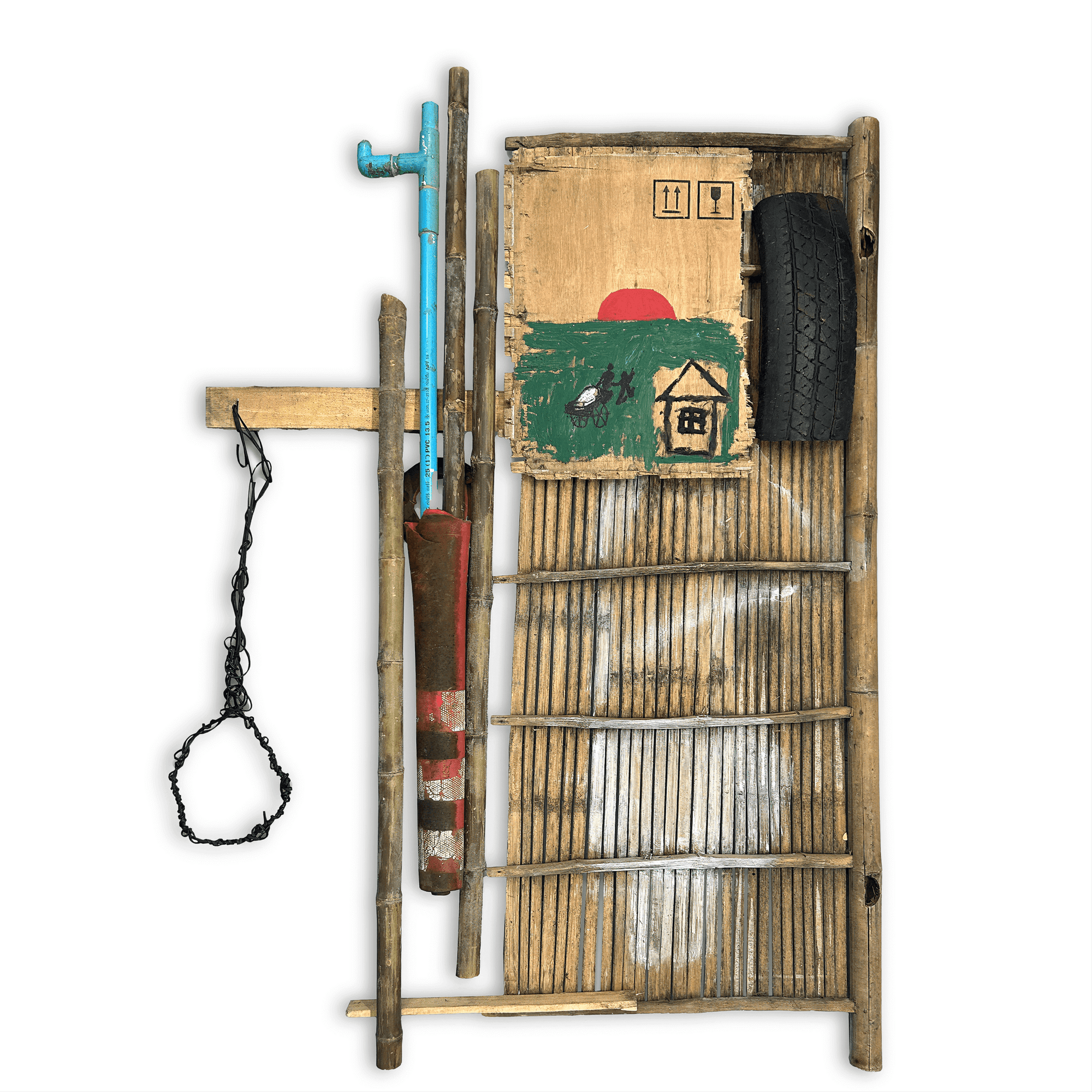 Handcrafted wooden cart featuring a tire, painted cardboard, and rustic tools, showcasing a unique design.