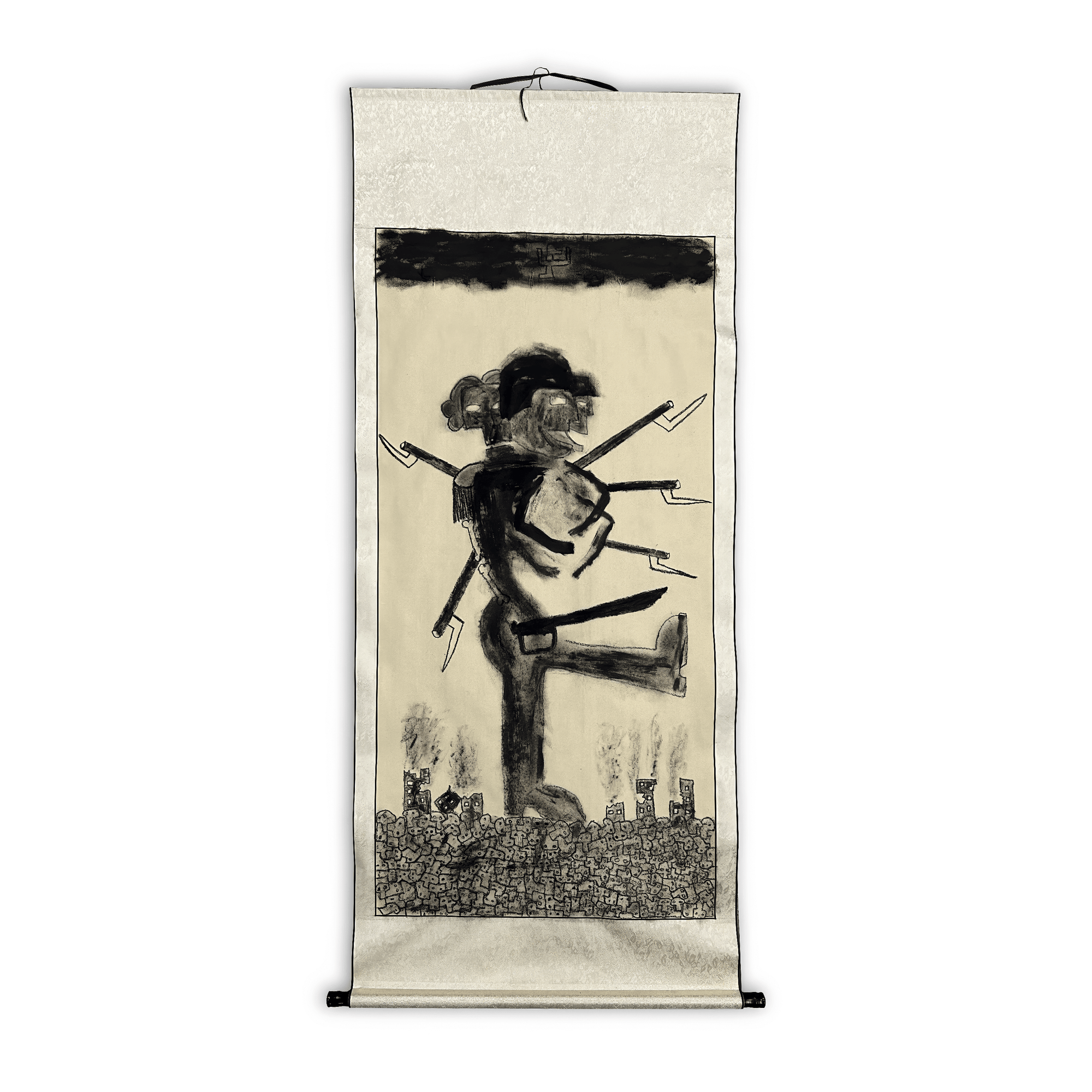 Artistic representation of a warrior figure with arrows, set against a dramatic background.