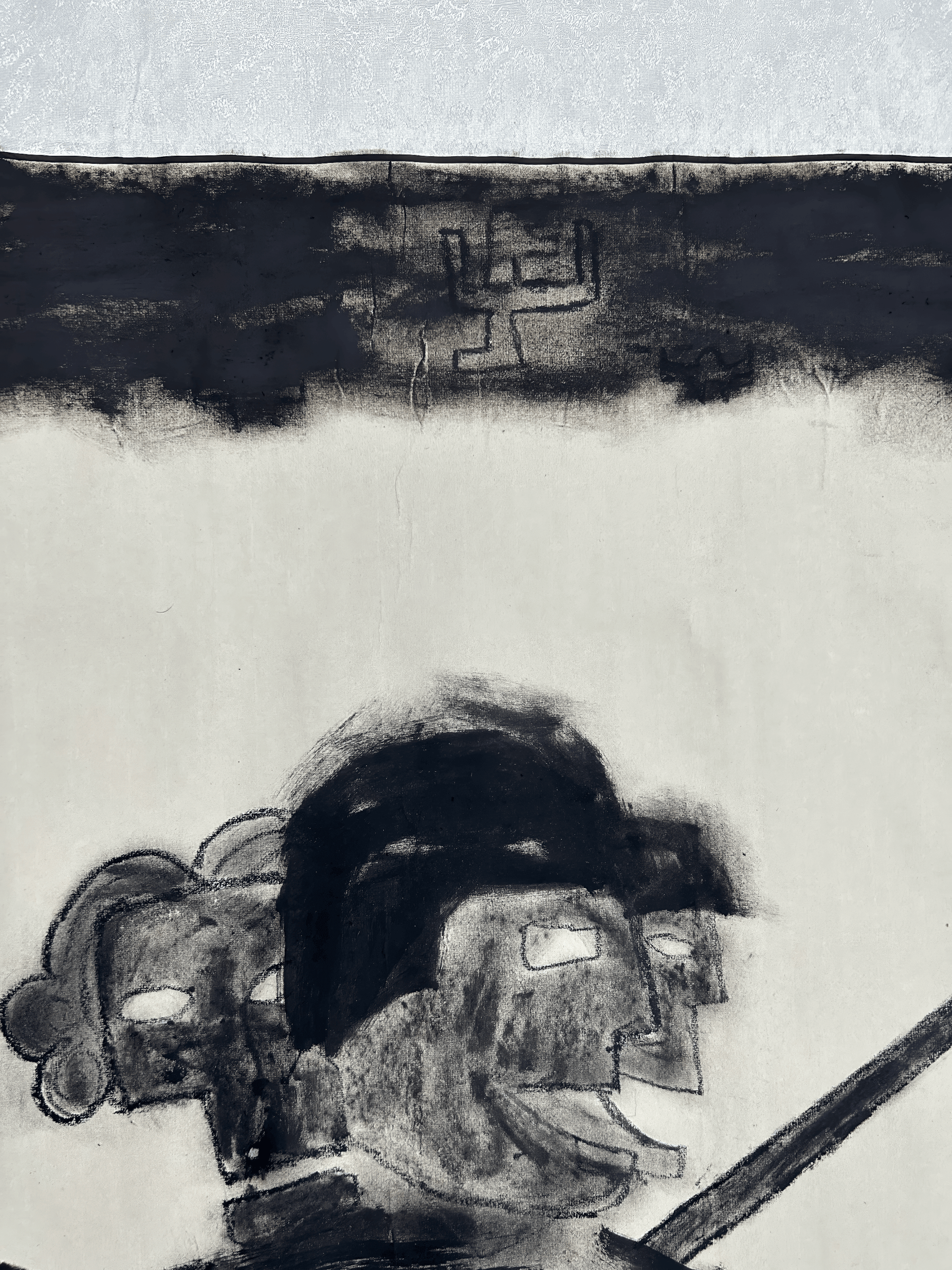 Abstract artwork featuring stylized figures with expressive features and a dark background.