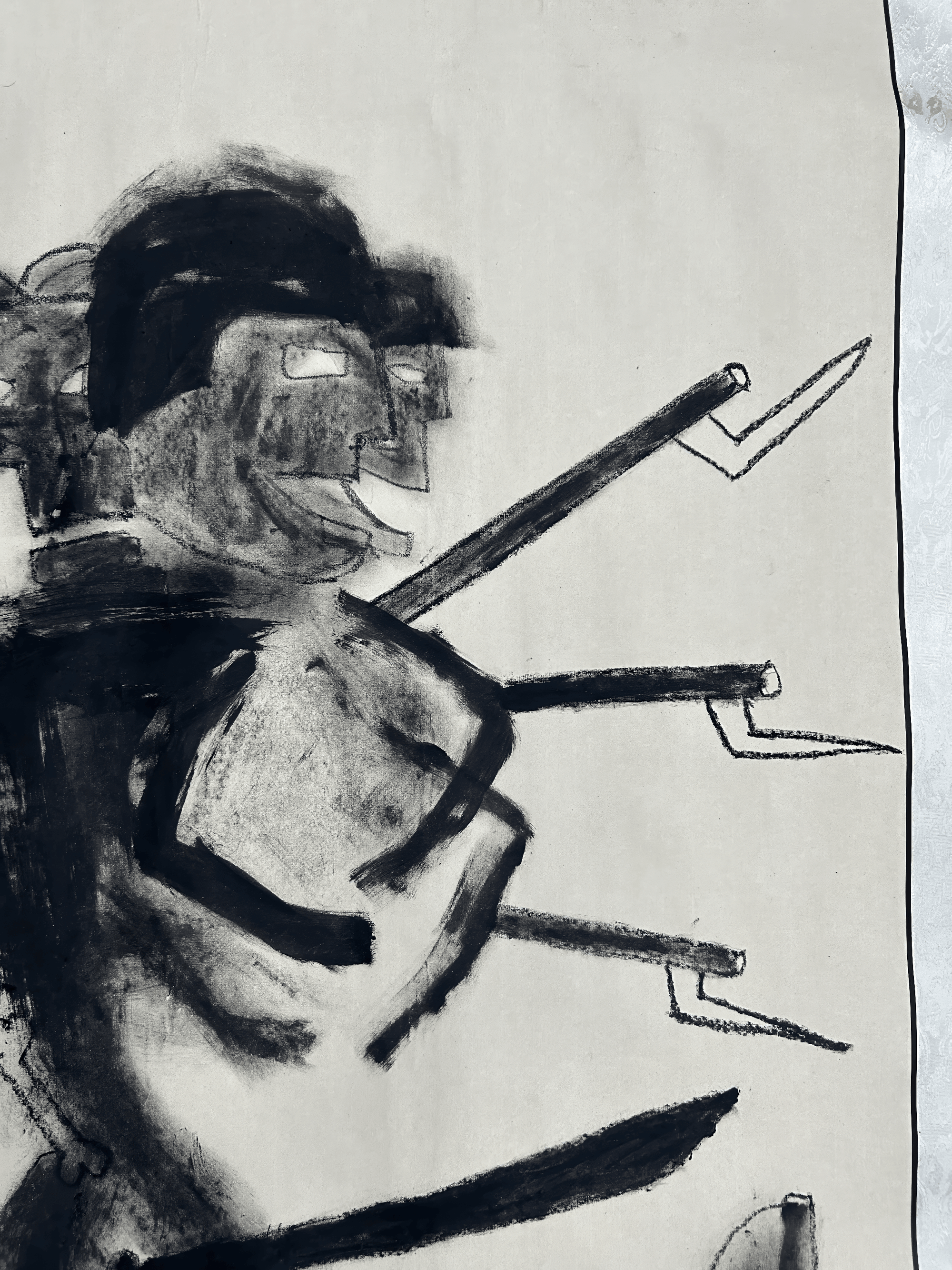 Abstract artwork depicting a figure with multiple spears on a textured background.