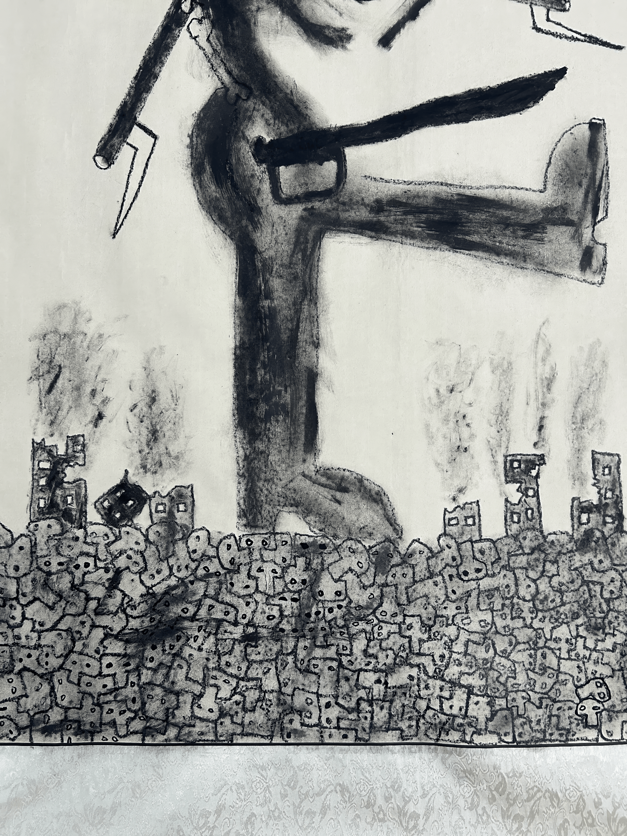 A monochromatic artwork depicting a figure in motion, surrounded by abstract shapes and smoky background elements.