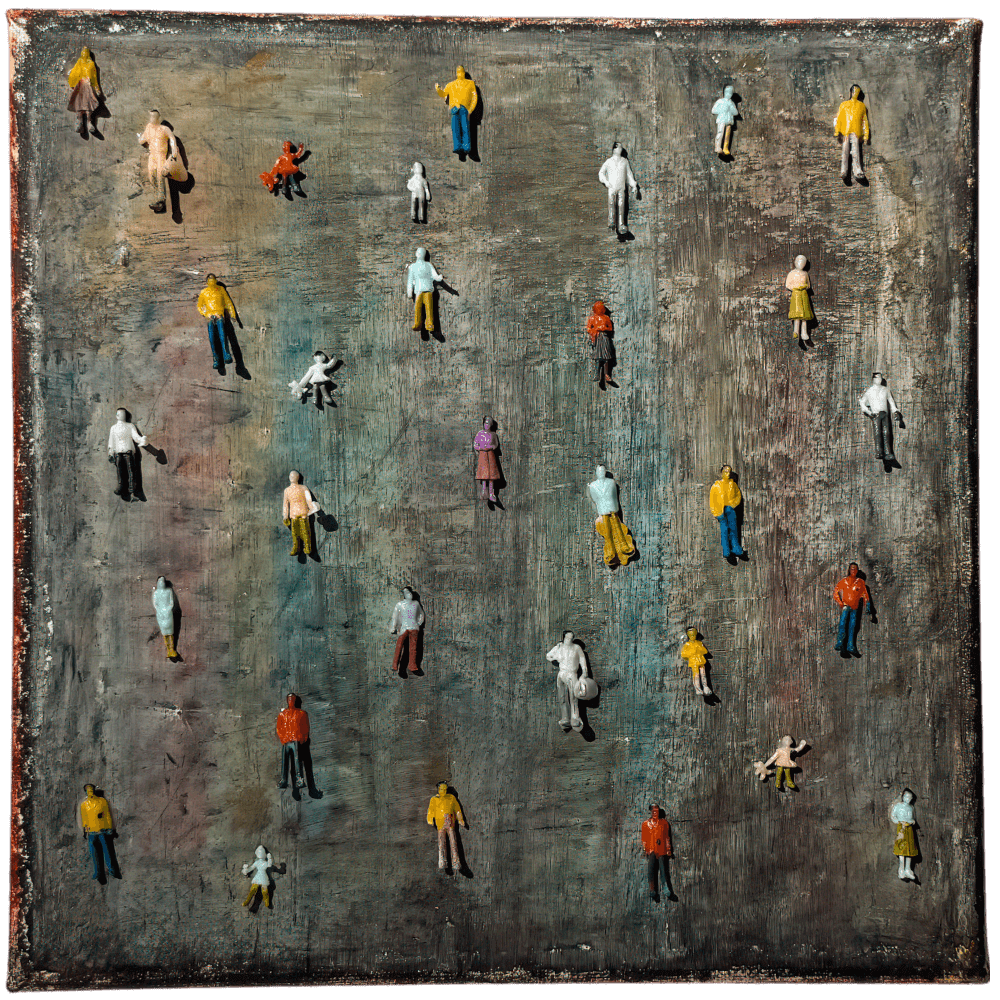 Mixed media artwork 'Imperfection' featuring miniature figures on layered textured surface by artist Bryce.