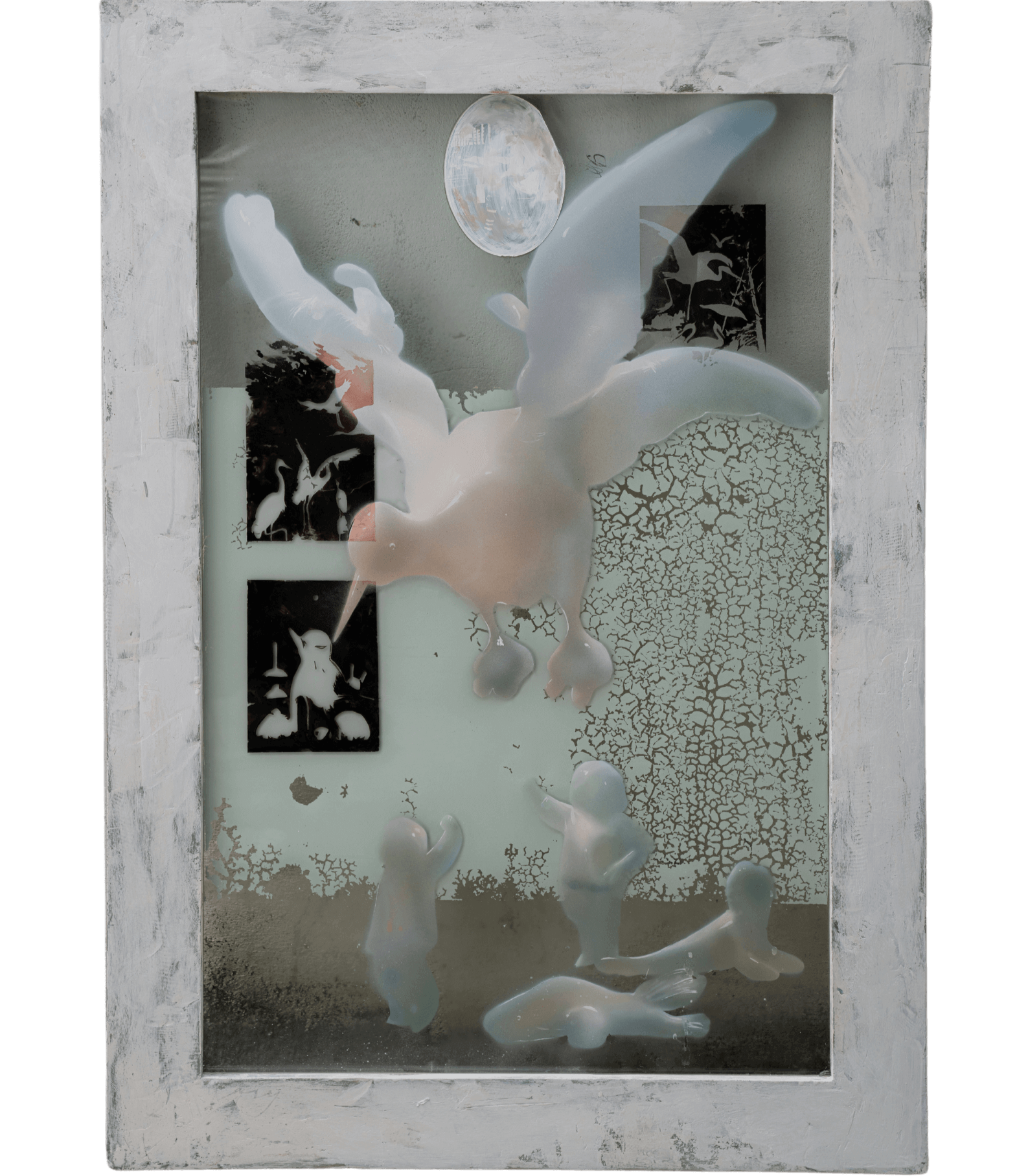 Abstract Surrealist painting by Yasy Bachurina, featuring cranes on airbrushed acrylic glass with a handmade wood frame.