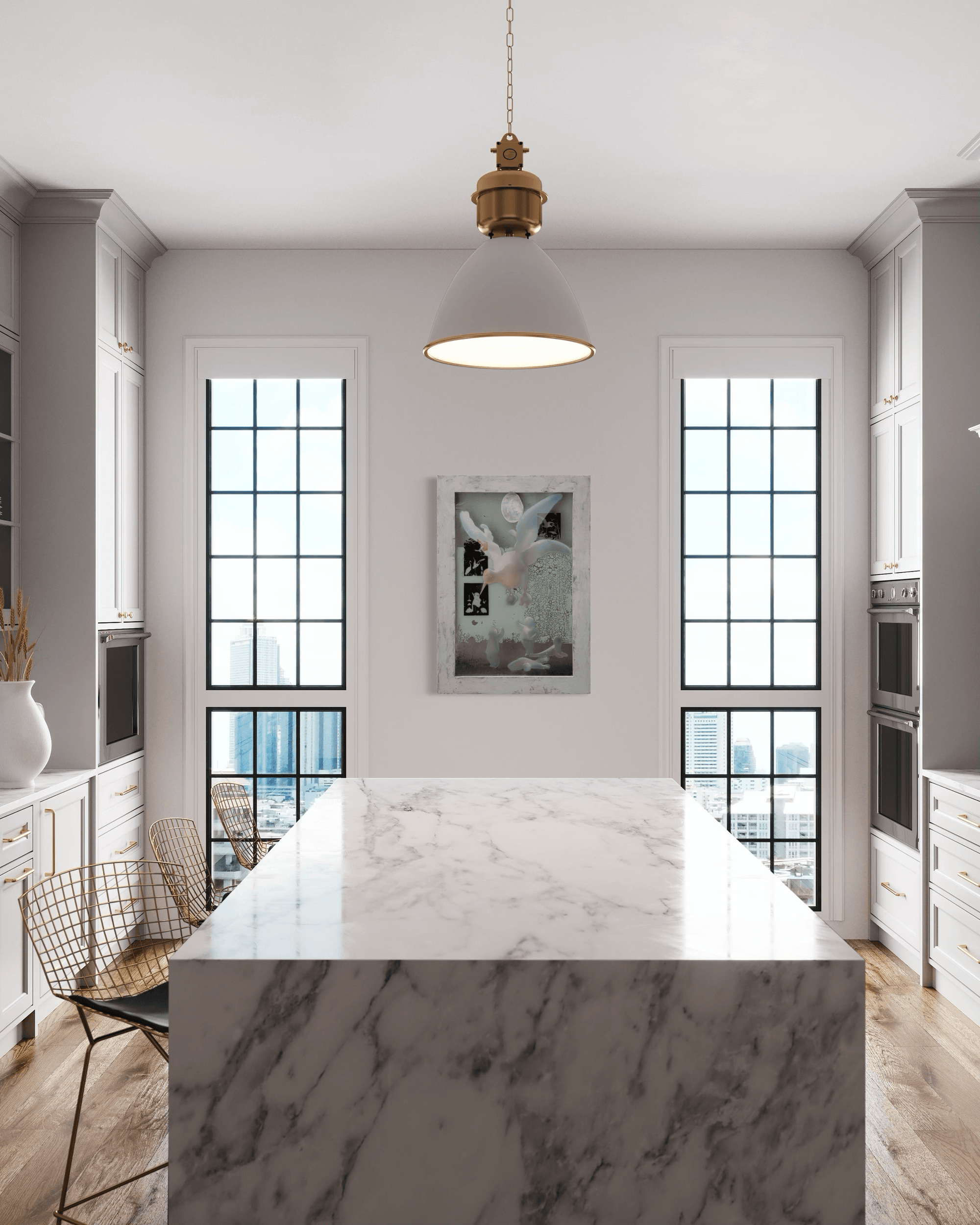 Modern kitchen with a large marble island, pendant light, and artwork titled "Land of Cranes" by Yasy Bachurina on the wall.