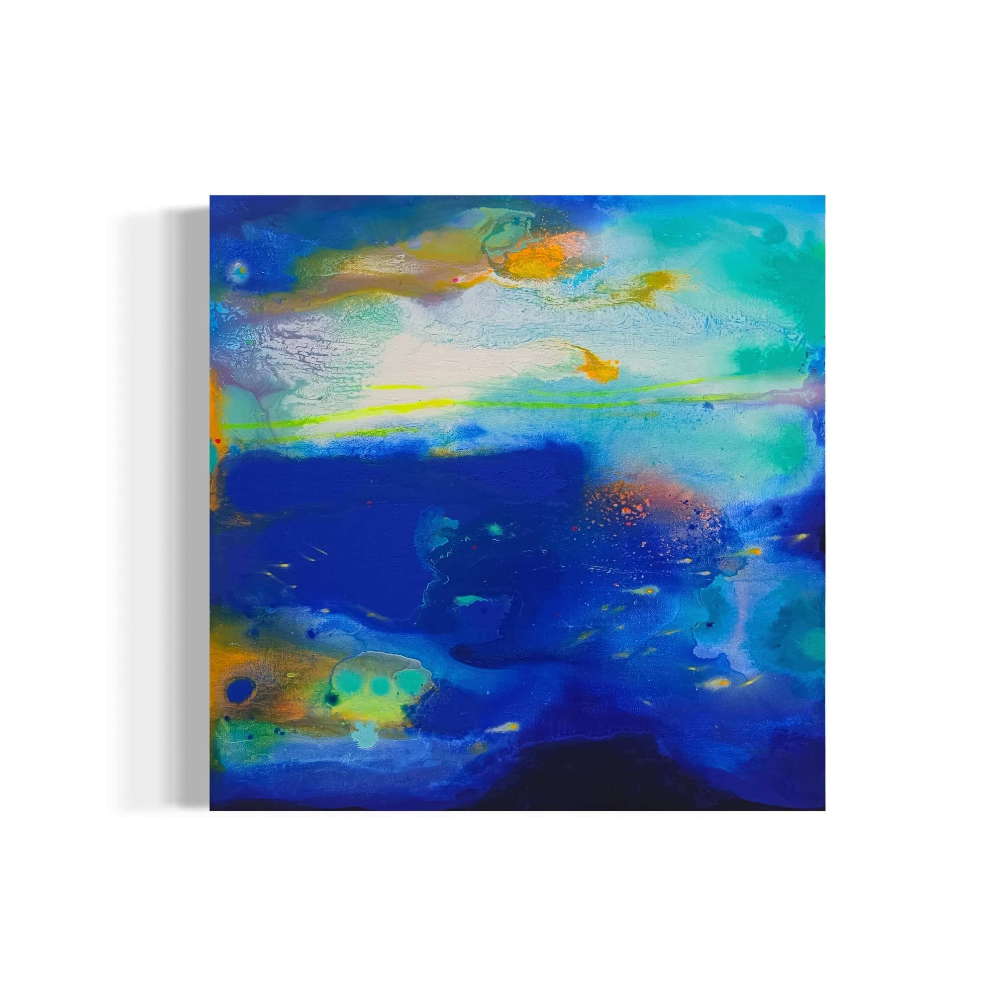 Abstract painting 'The Lake in the Sky' by Supmanee Chaisansuk, featuring vibrant blues and greens on canvas.