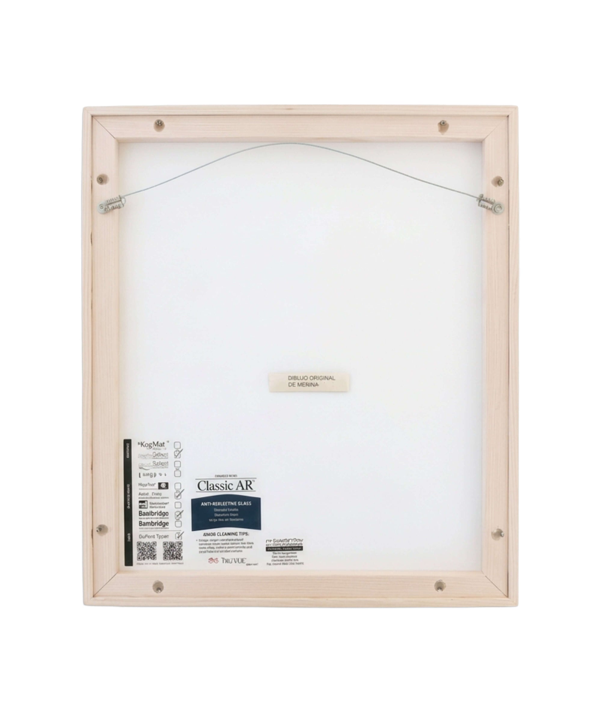 Back view of framing for Menina (Undated) showing signature label and anti-reflective glazing details.