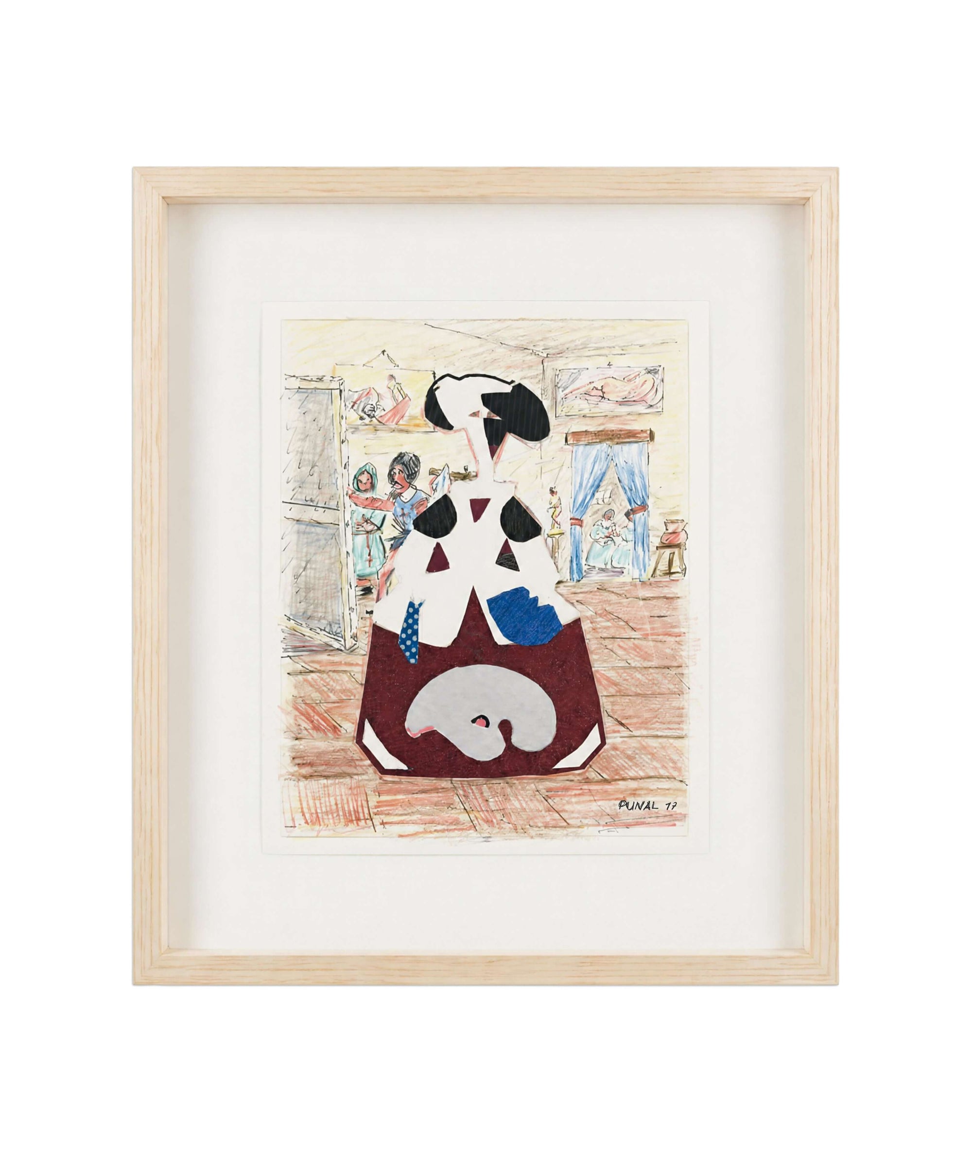 Menina (Undated) drawing by Luis Rodríguez Puñal in a light wood frame, featuring a stylized figure in an interior setting.