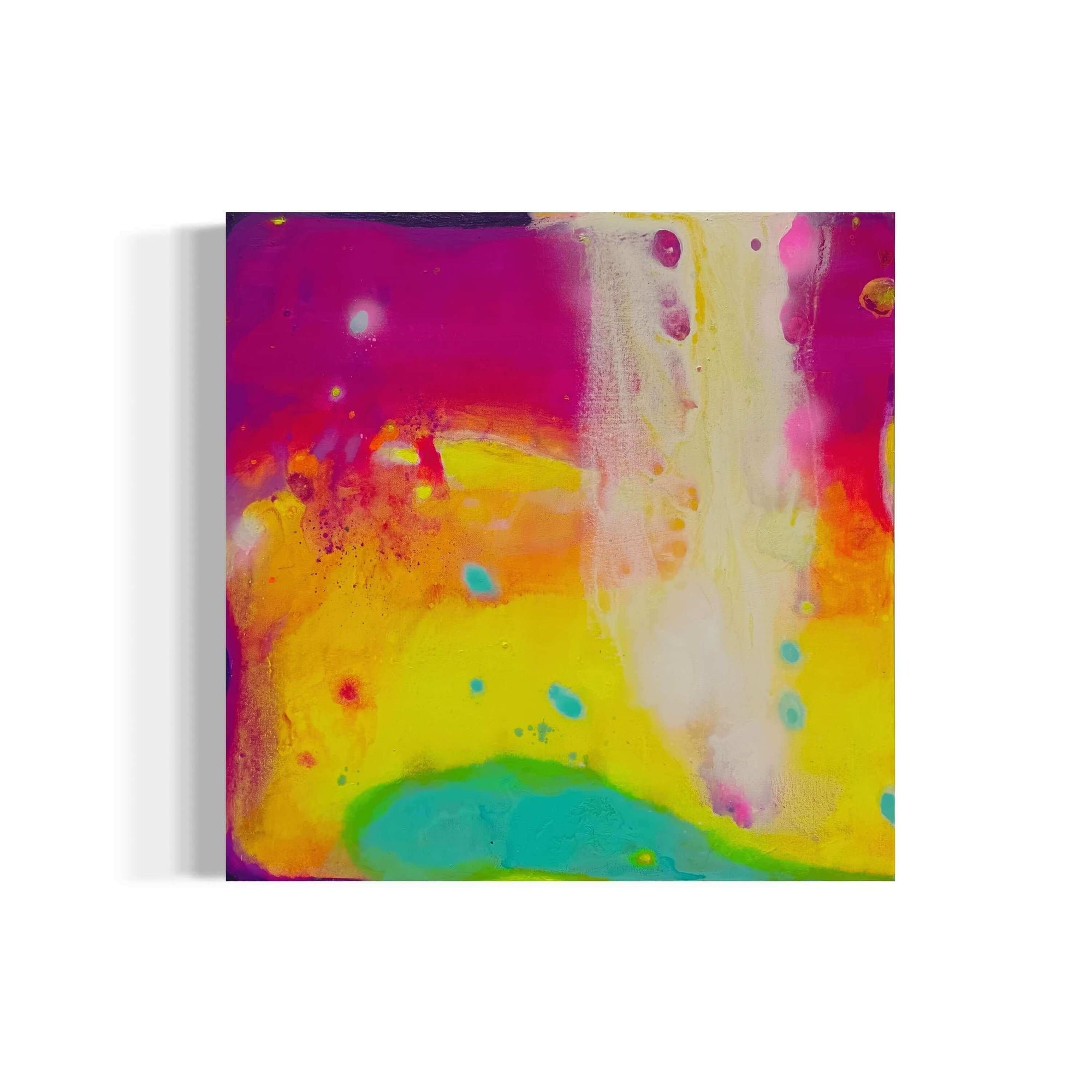 Abstract artwork titled Light Garden with vibrant pink, yellow, and turquoise colors, showcasing fluid textures and luminous design.